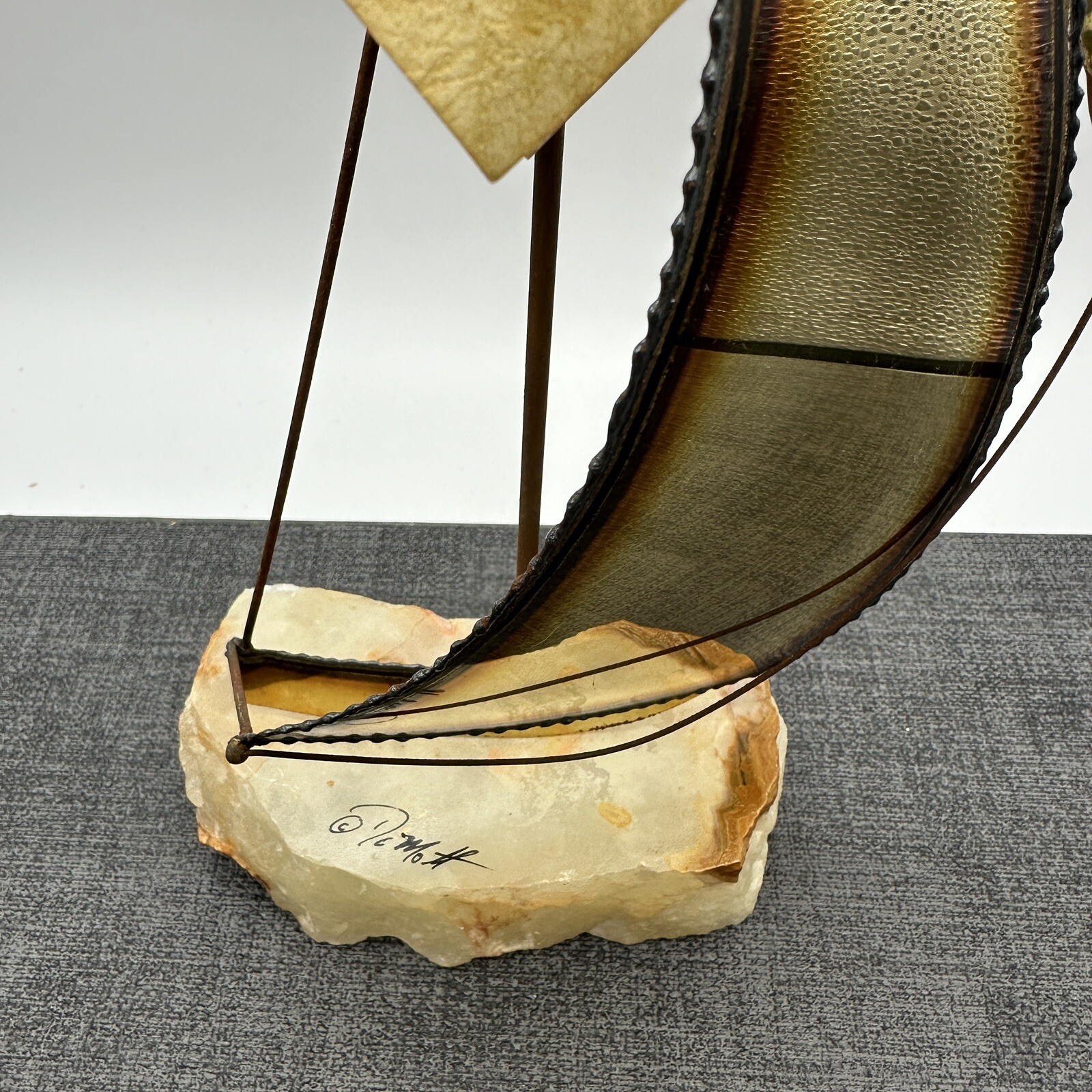 Vtg John DeMott Signed Metal Sailboat Sculpture Stone Base 10″ MCM 1975 Tag