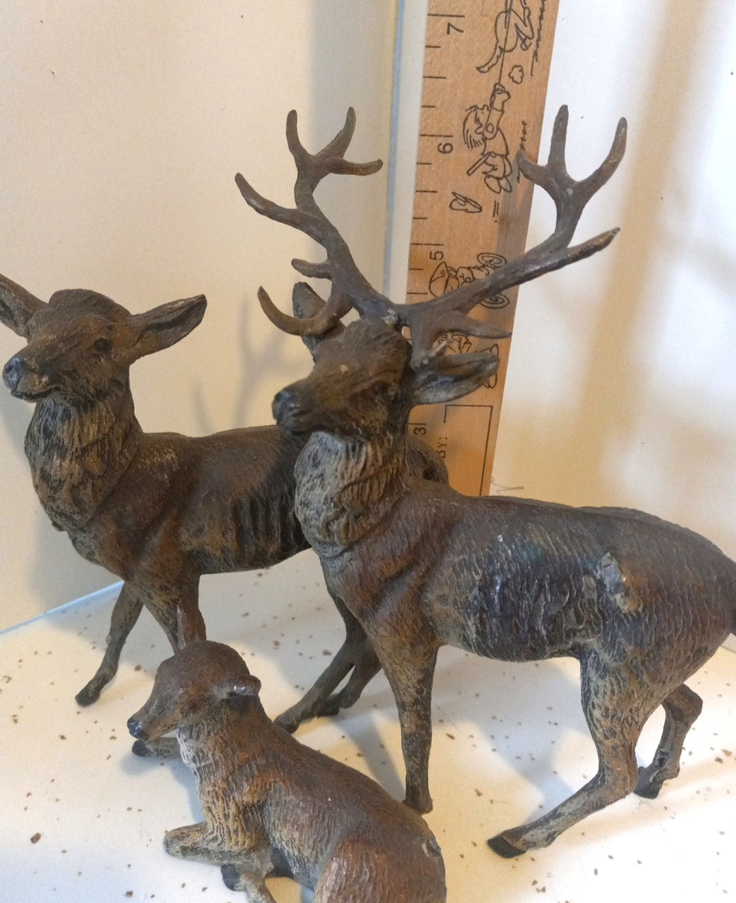 Vintage 1-pc All-attached Buck Doe Fawn Deer Set Metal Cast Figurines EUC Rare