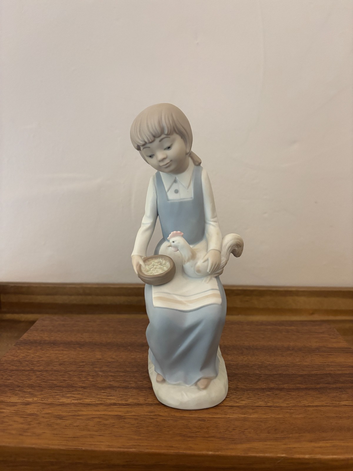 Porcelain Girl Feeding Chicken Matte Finish Figurine Spain