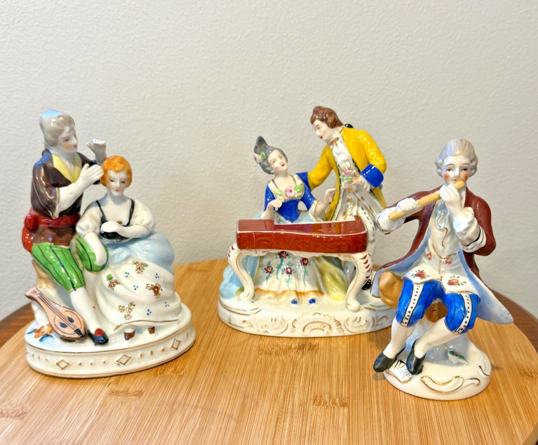 Occupied Japan Hand Painted Porcelain Musical Courting Figurines Set of 3