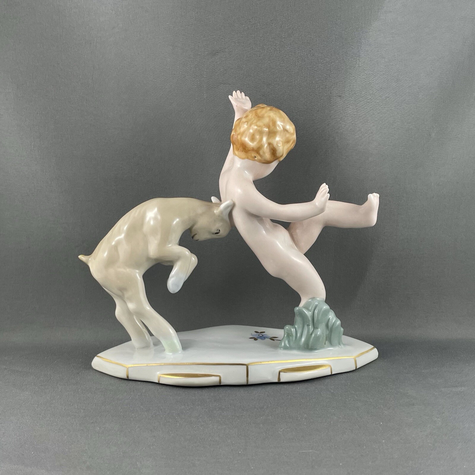 Royal Dux Figurine, Boy, Cherub, Putti with Goat, 6″ L