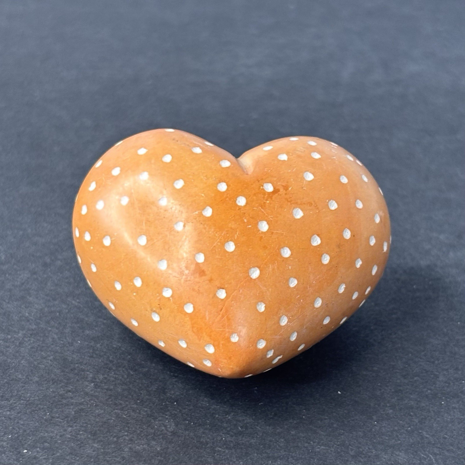 Solid Orange Hand Carved and Painted White Polka Dots Soapstone Heart (2 in)