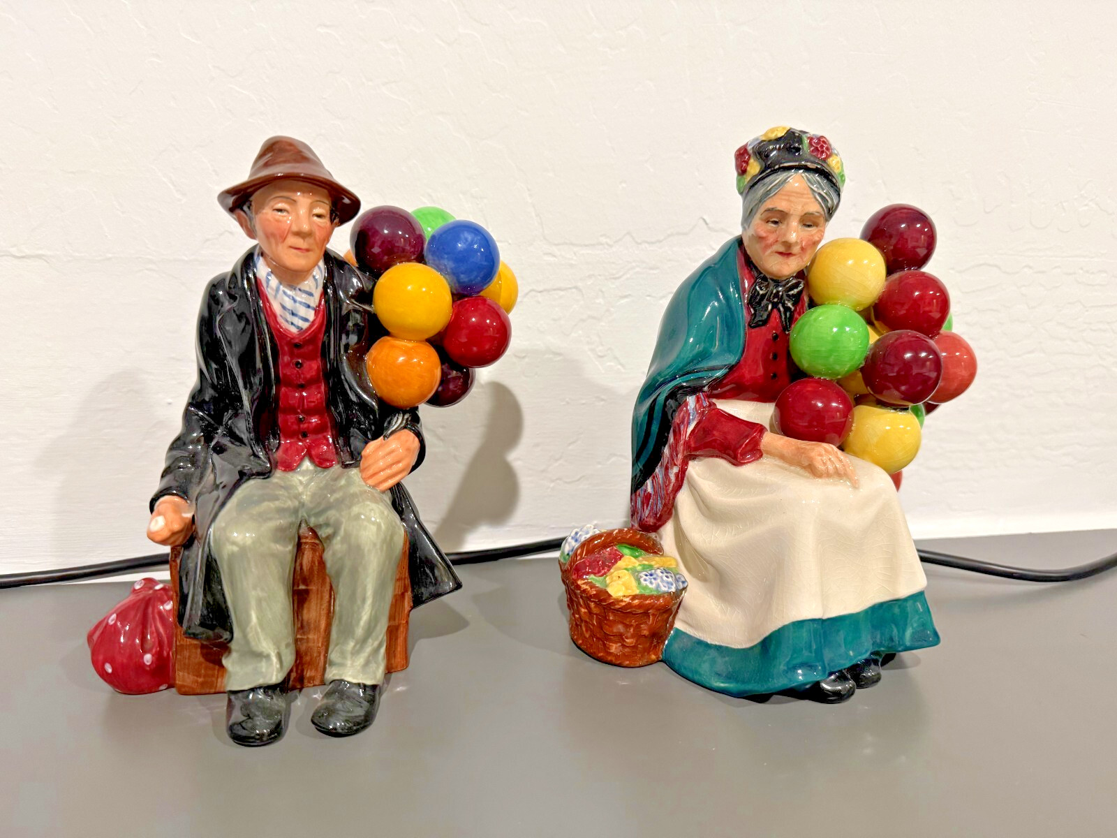 Royal Doulton Balloon Man HN 1954 & Old Balloon Seller Lady HN1315 Porcelain Set
