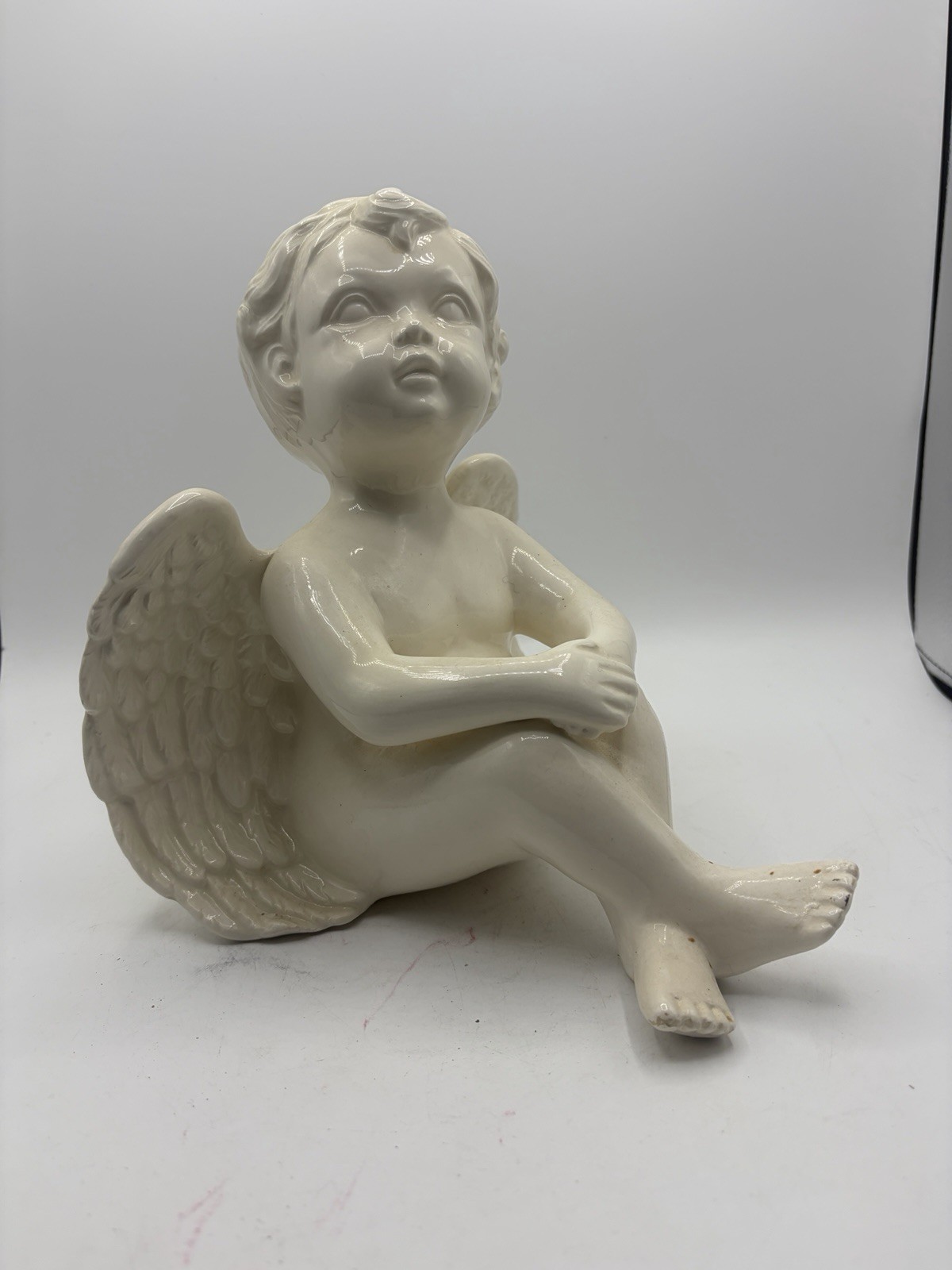 Vintage White Ceramic Angel Cherub Figurine Sitting Wings Home Decor 9″