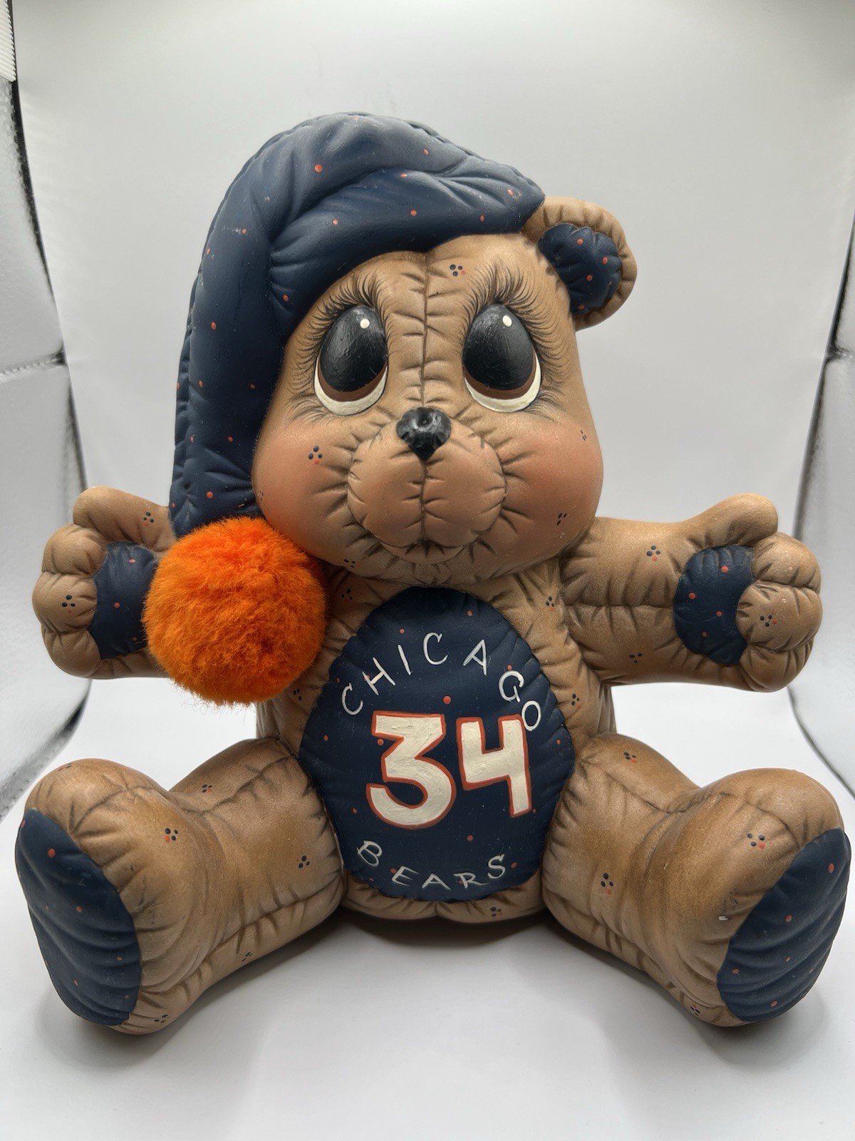 Hand Painted Quilted Ceramic Bear Figurine, Chicago Bears #34, 1989 Vintage