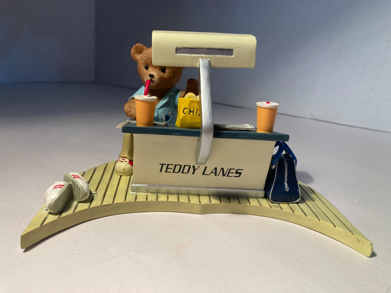 Teddy Bear Bowler Bowling Figurine VERY CUTE…HAVING A SNACK