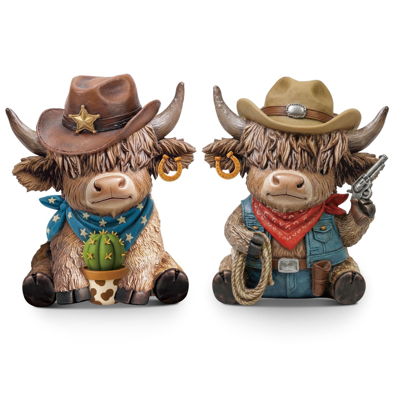 2 Pcs Cowboy Highland Cow Figurines, Western Resin Statue Set for Country and…