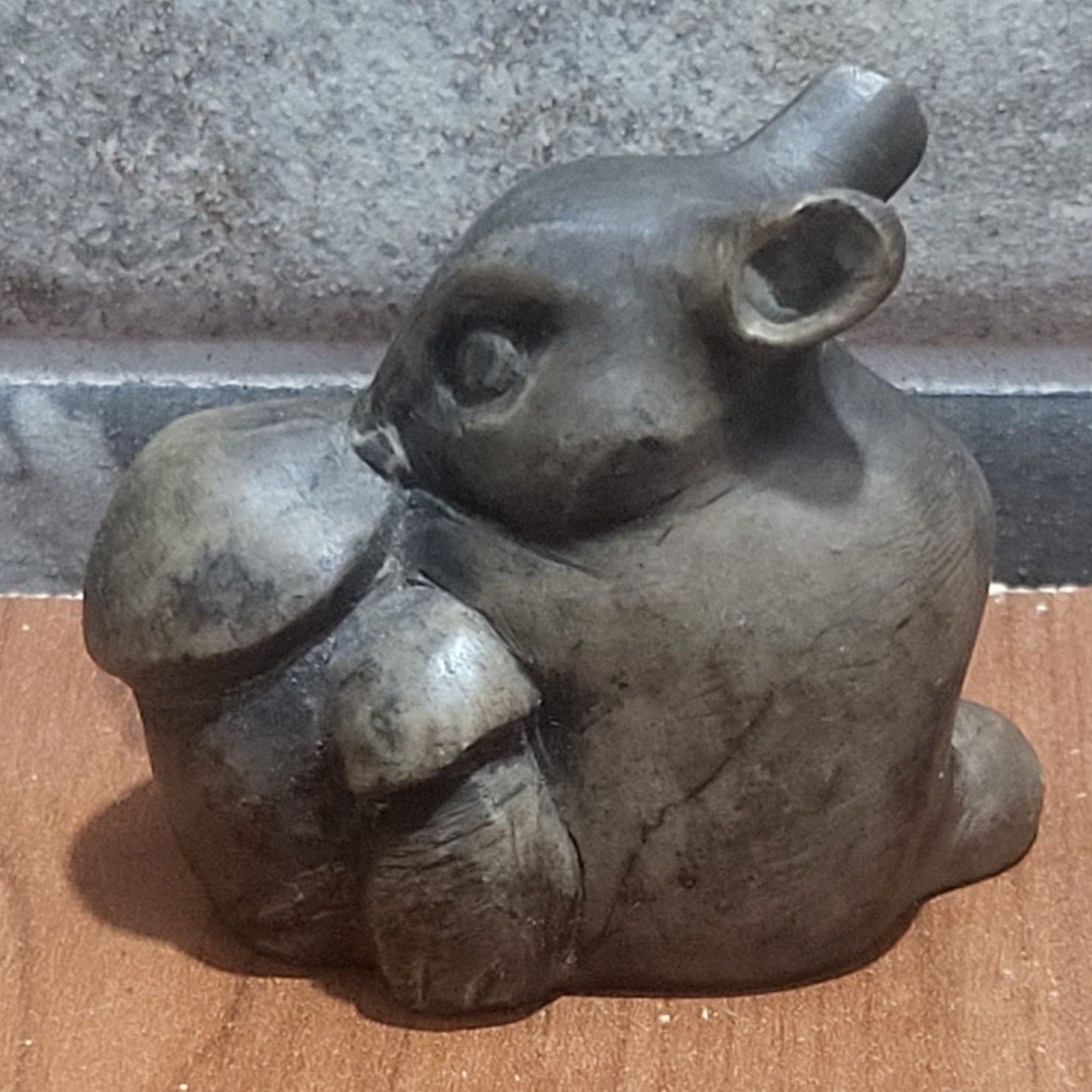 Vintage Hand Carved Soapstone Mouse Rat Holding Mushroom