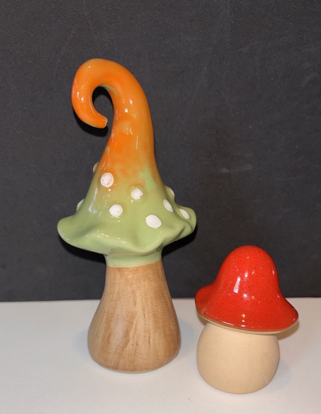 2 Mushroom ceramic figurines orange green white dots red The spring shop NWOT