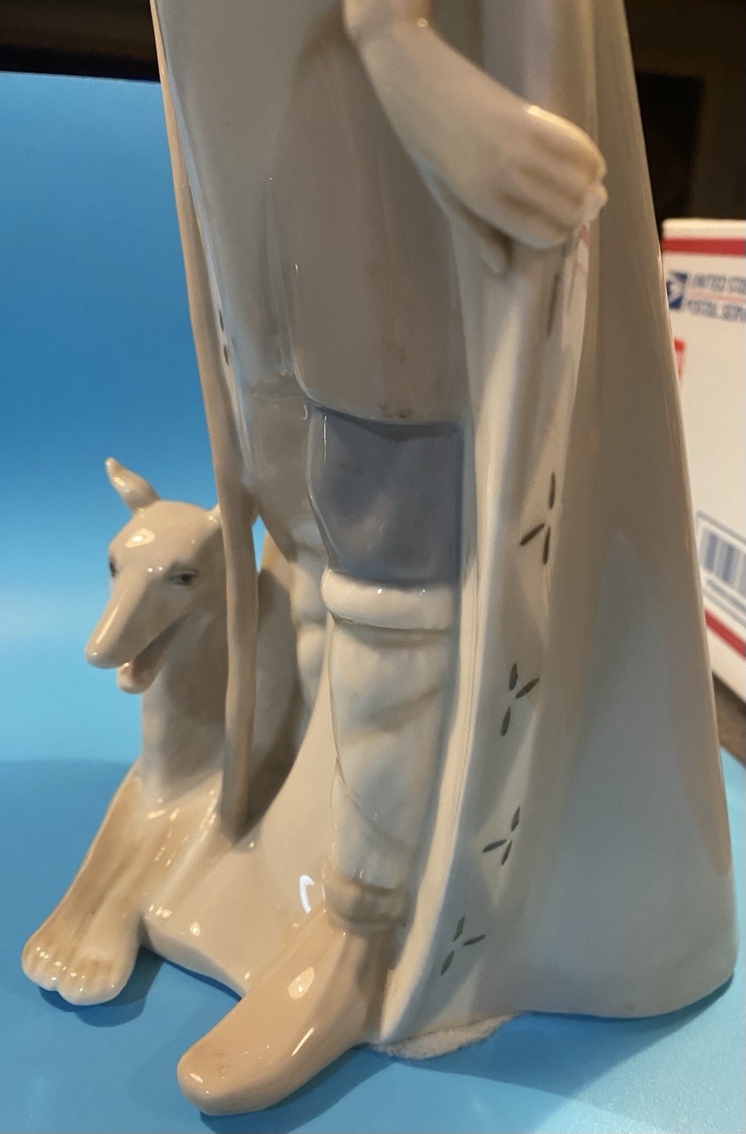 “LLADRO” STYLE PORCEVAL PORCELAIN, TALL SHEPHERD WITH STAFF AND DOG – SPAIN.