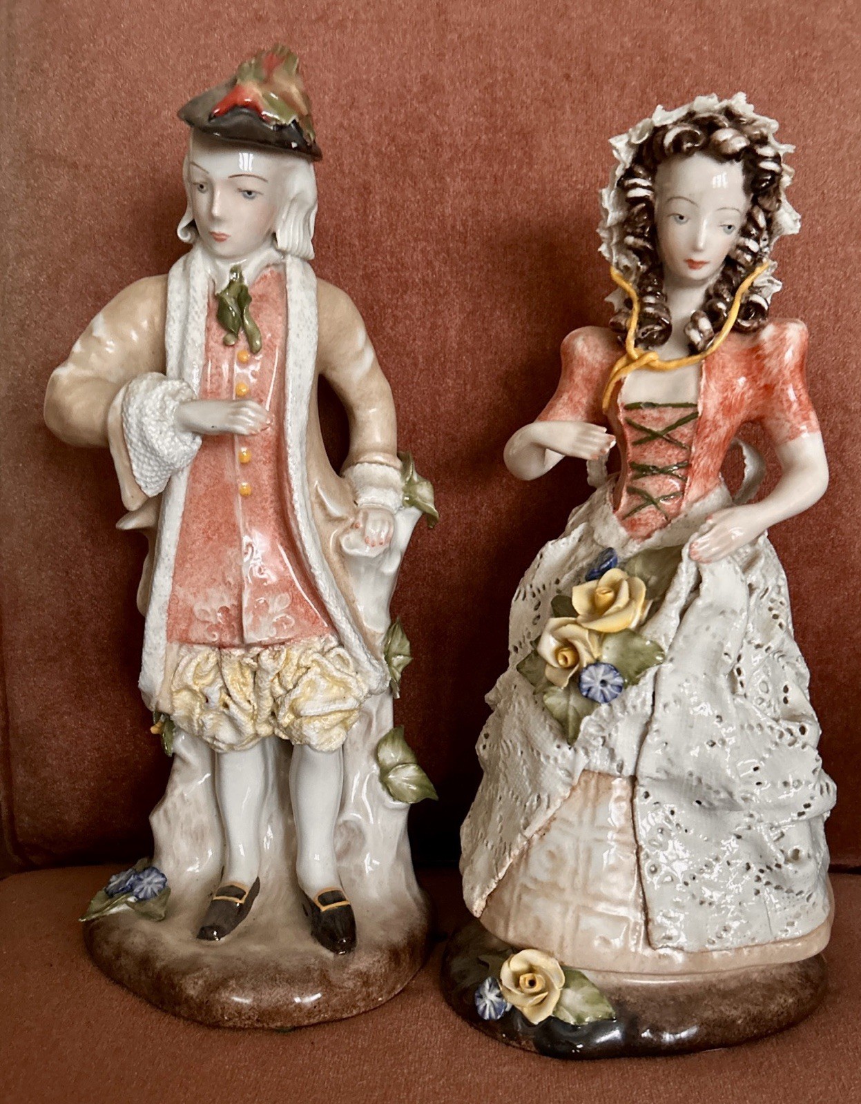 Corday Full Body Rococo 14″ Gentleman & 12″ Lady with Lace Floral Figurines
