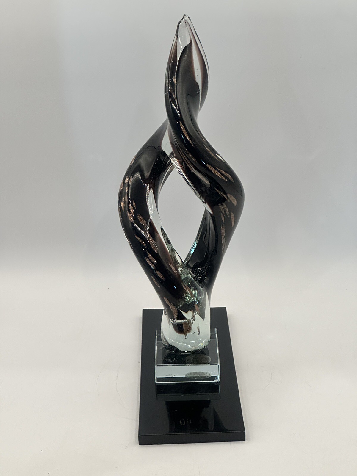 Burgundy Cased Glass Art Sculpture On Glass Base With Wooden Platform