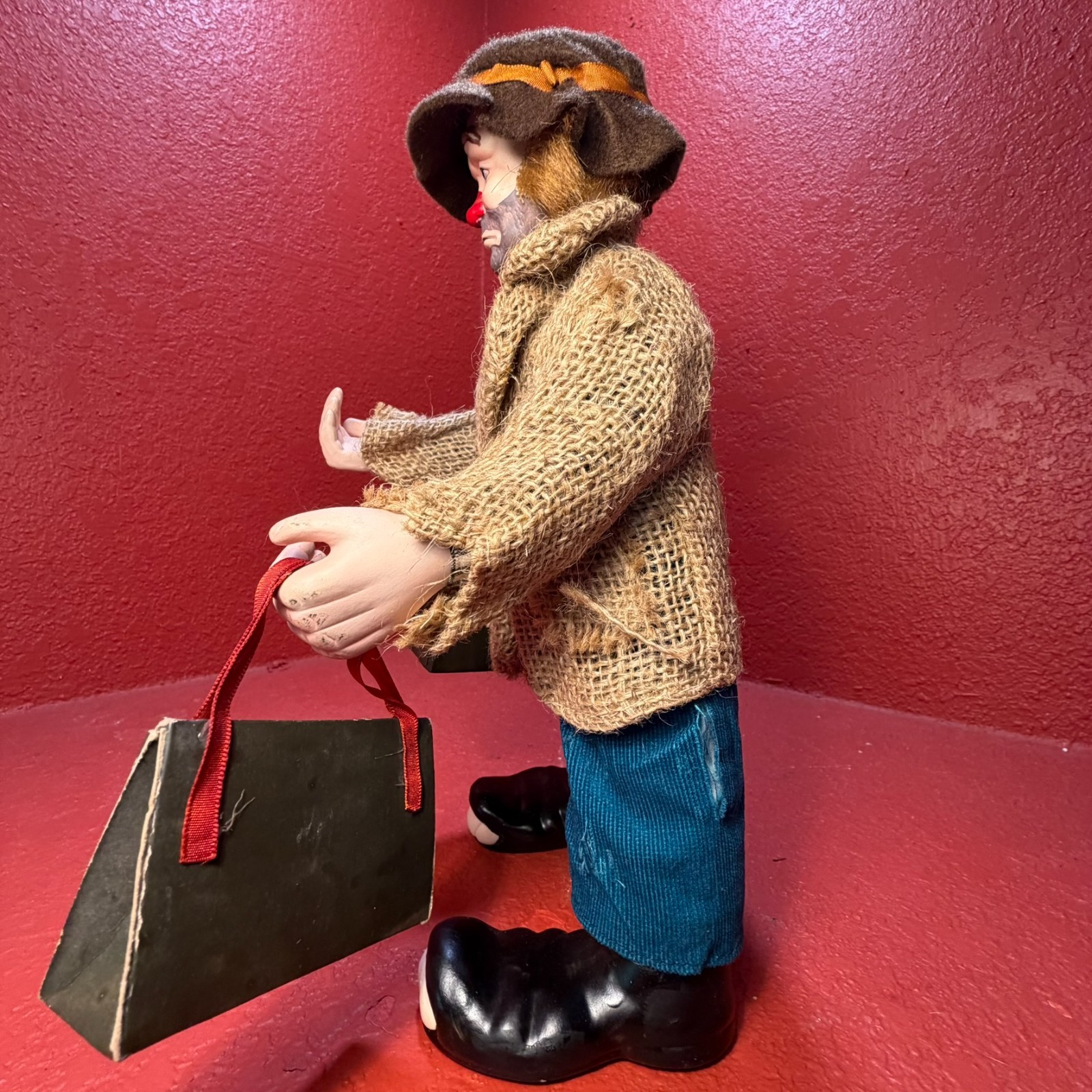 Emmett Kelly Jr Real Rags 12” Clown Doll “Bags Packed “Porcelain & Fabric Mache