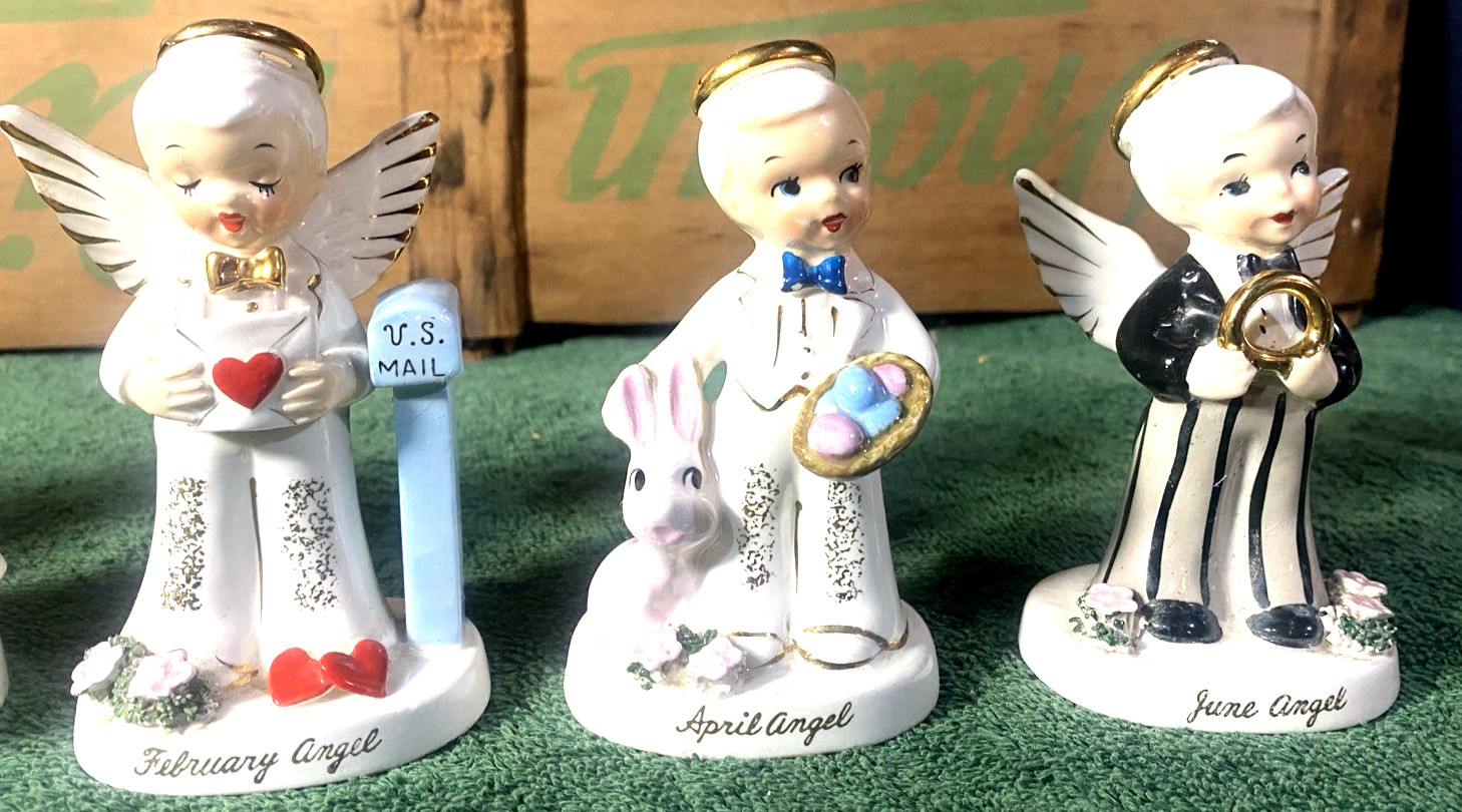 Lot of Napco Vtg Hand Painted Monthly Angel Figurines 2xJan, 2xFeb, 1xApr, 1xJun
