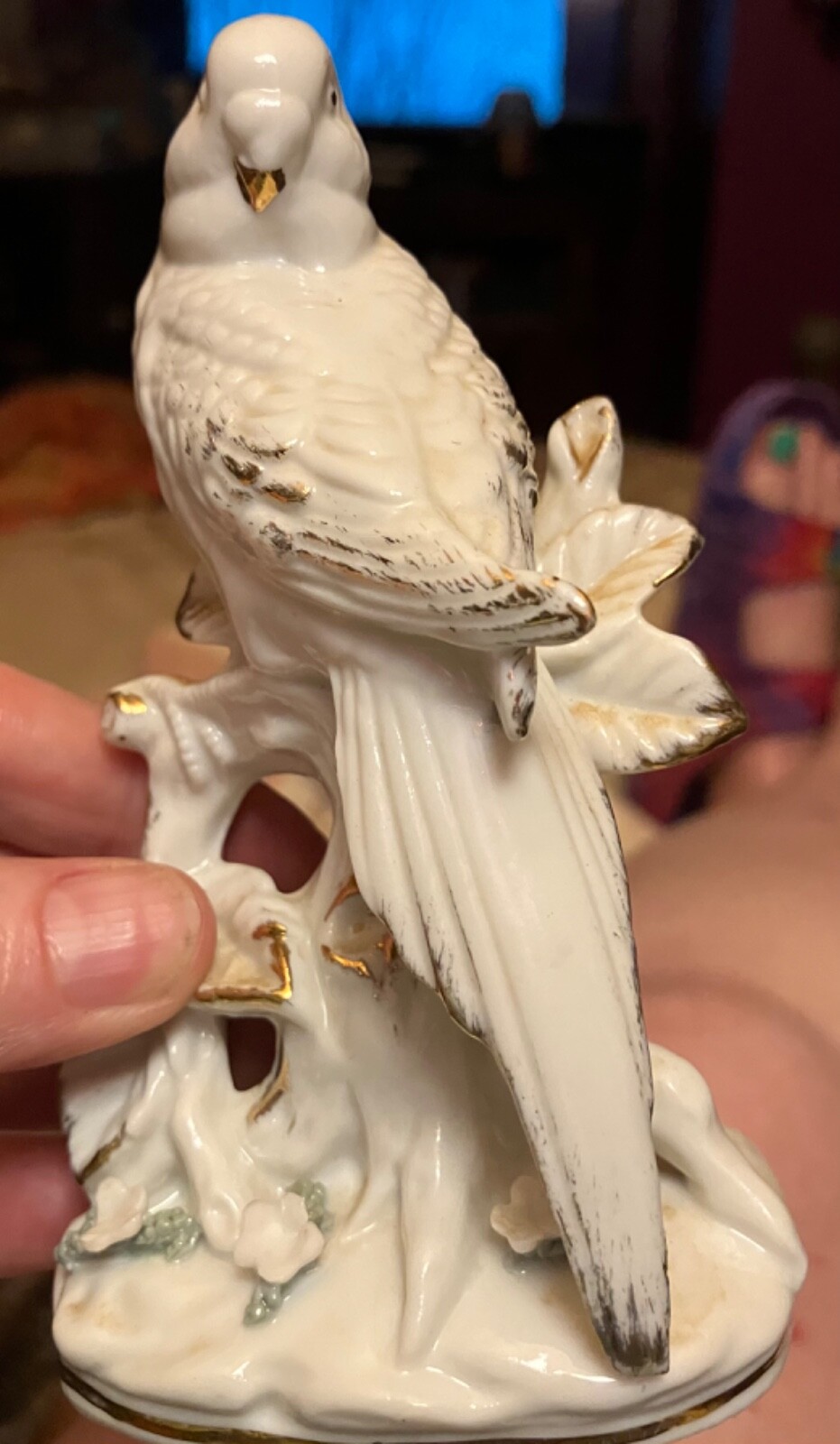 Vintage White Porcelain Bird On Branch with Gold Trim Applied Flowers. Nice cond