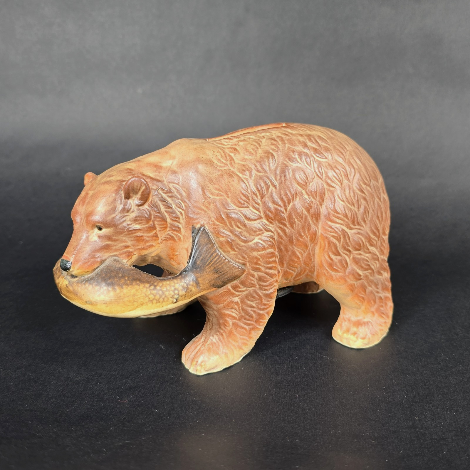 Vintage Porcelain Bear Figurine Fish in Mouth Fishing Bank Japan