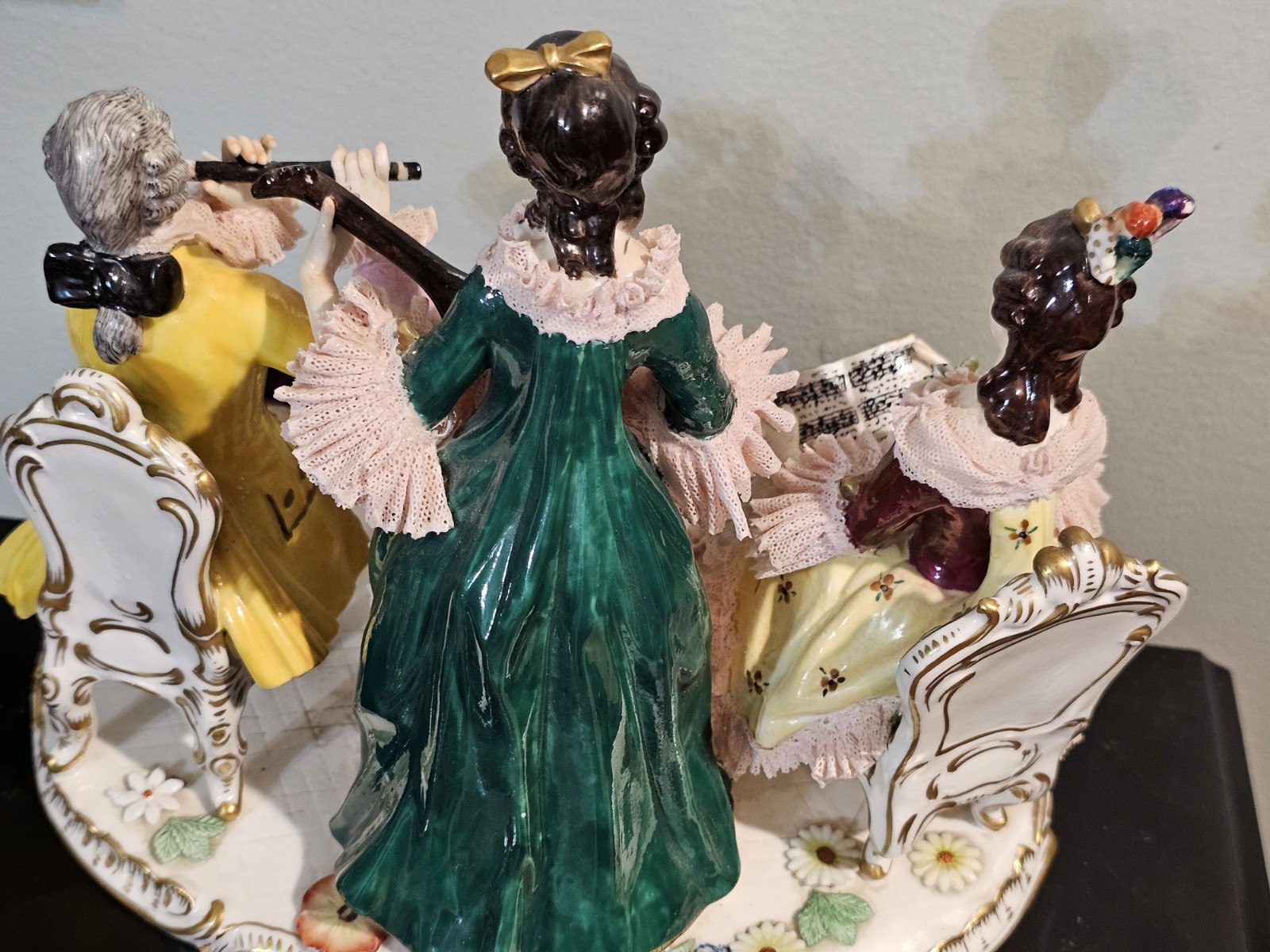 Volkstedt Musicians Trio Porcelain Lace Group Figurine Signed 10”L x 8.25”H