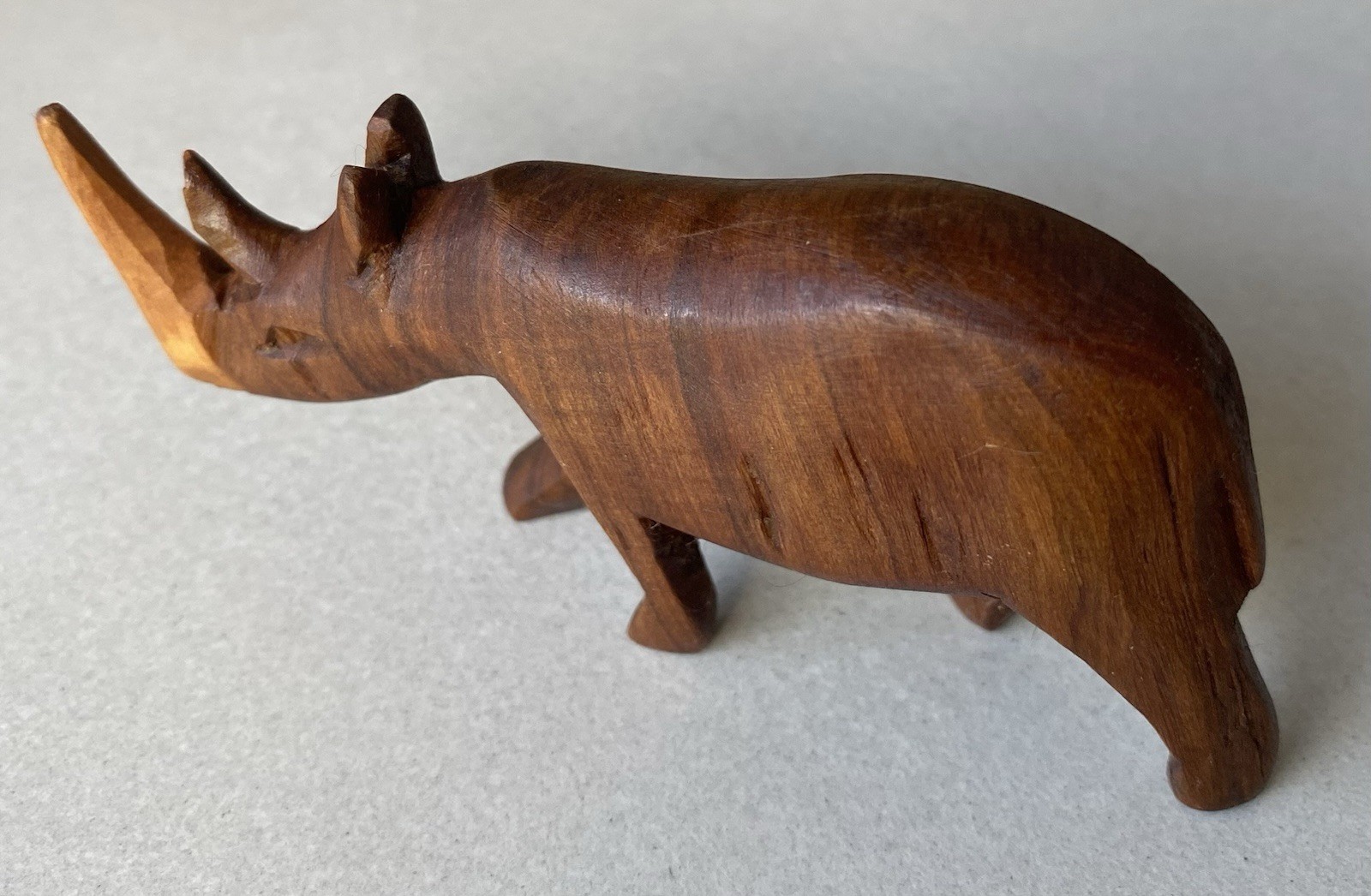 Carved Solid Timber Vintage Wildlife Figurines Hippo 15cm & Rhino 9cm
