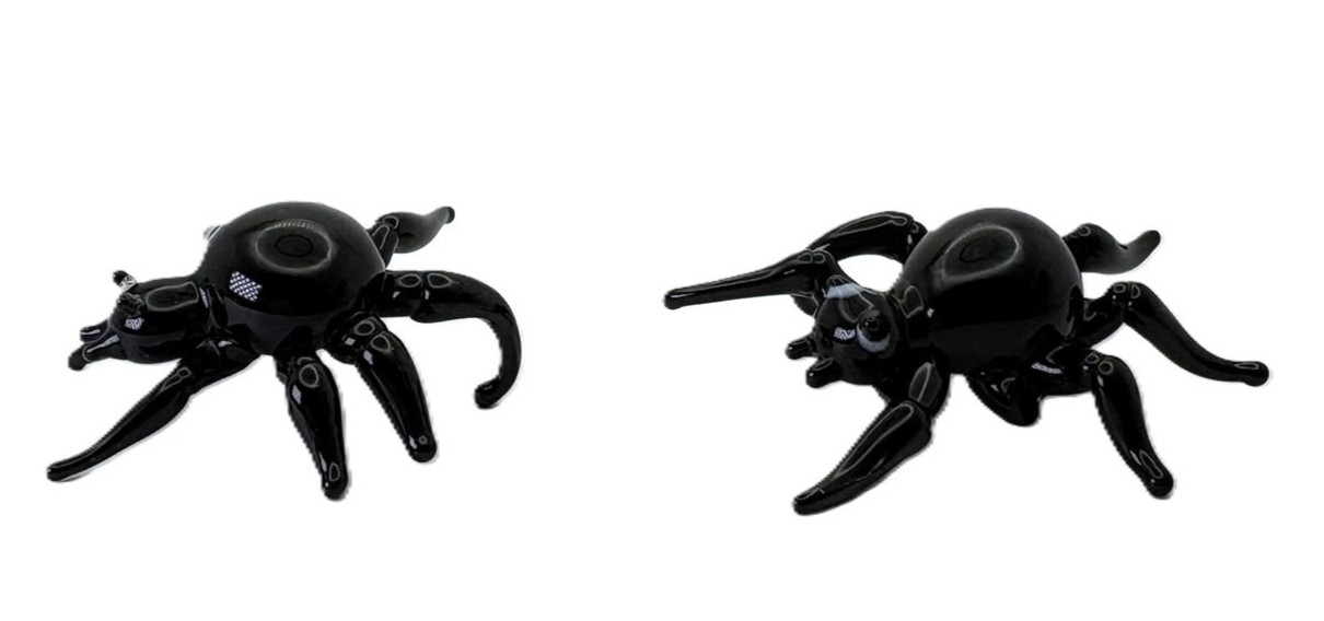 Miniature Black Spider Art Hand Blown Glass Figurines Set of 2