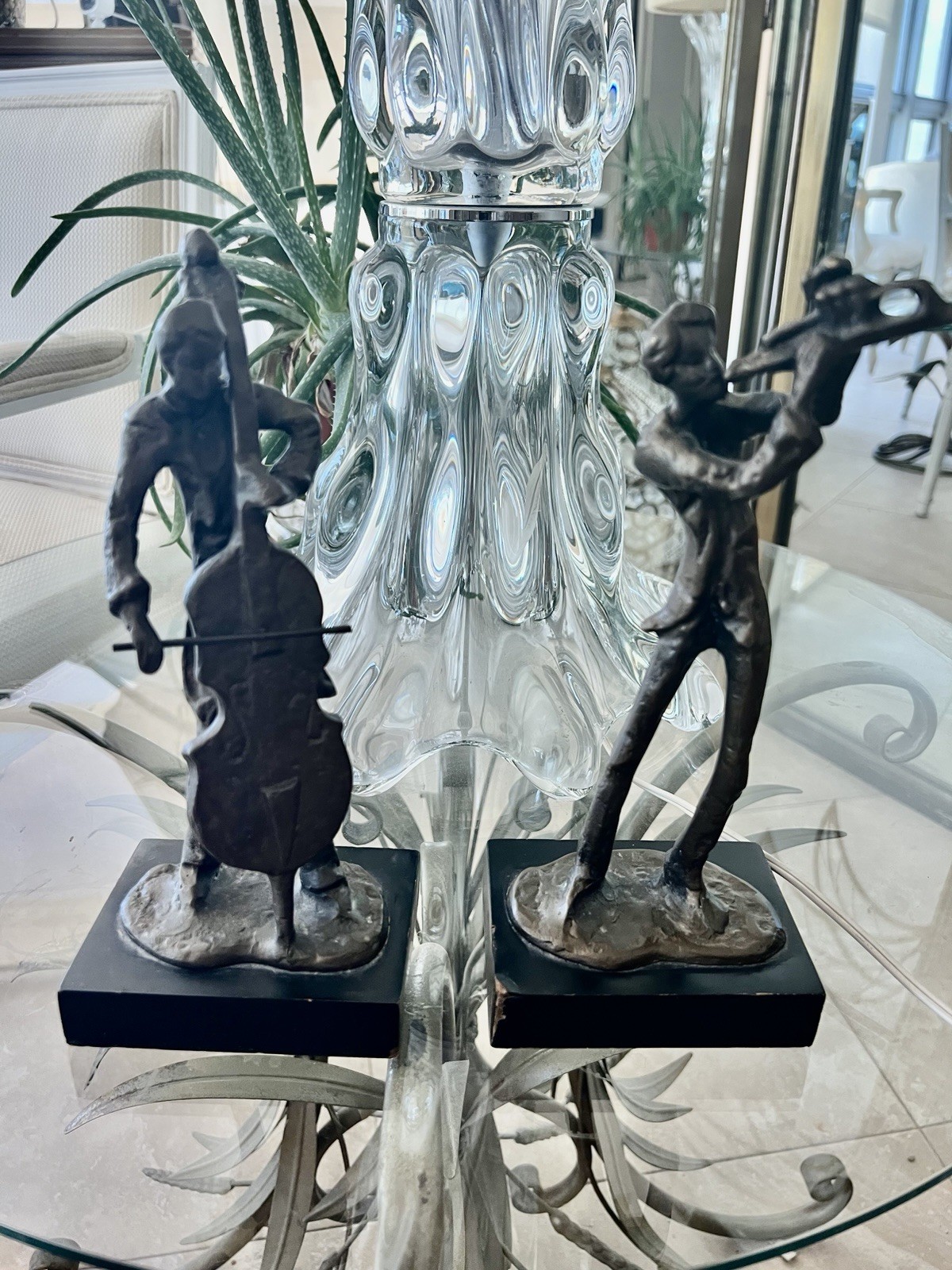 Charming musical Sculptures. Vintage. Is metal or plaster on wood. 150 Each.