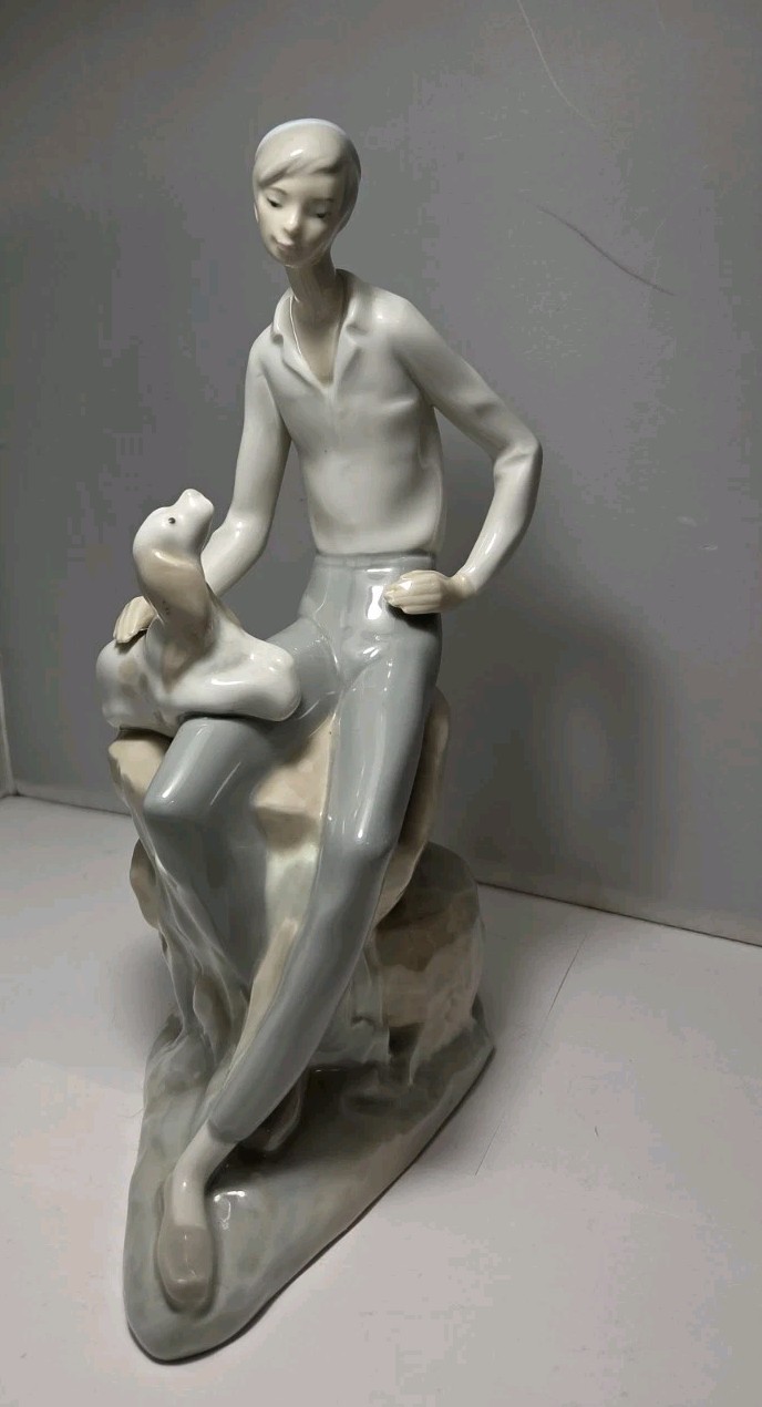 NAO by Lladro Tall Man with Spaniel Dog Puppy Figurine 10” Tall No BOX