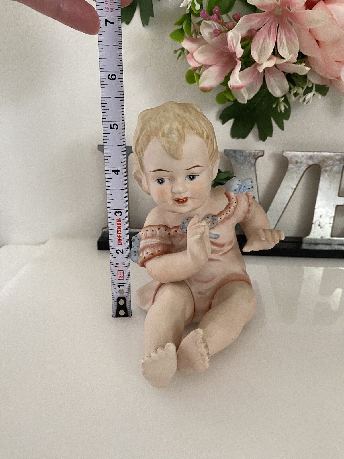 Porcelain Bisque Piano Baby Boy Pink Dress Blue Bows Sitting Up Stamped 23/112