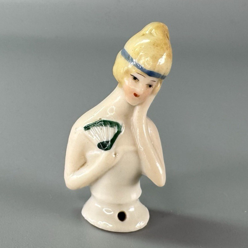 Vintage Antique GERMAN HALF DOLL Porcelain FLAPPER Blonde Woman Lady Fan 1-5/8″