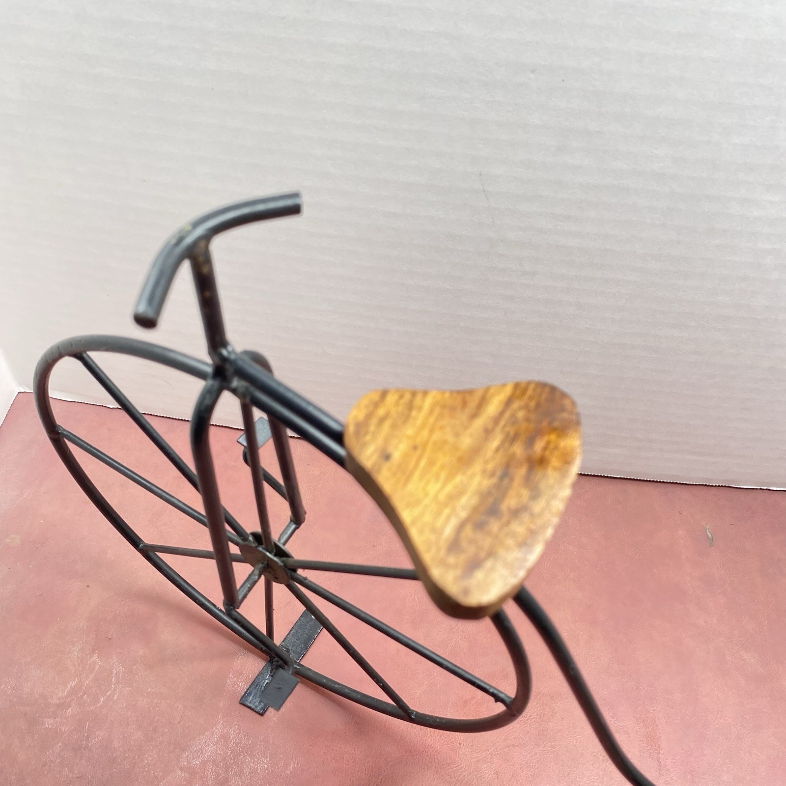 Vtg Style 12″ Penny Farthing Bicycle Metal Sculpture Wooden Seat Freestanding