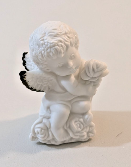 Vintage White Cherub w/Black Wing Edges Figurine