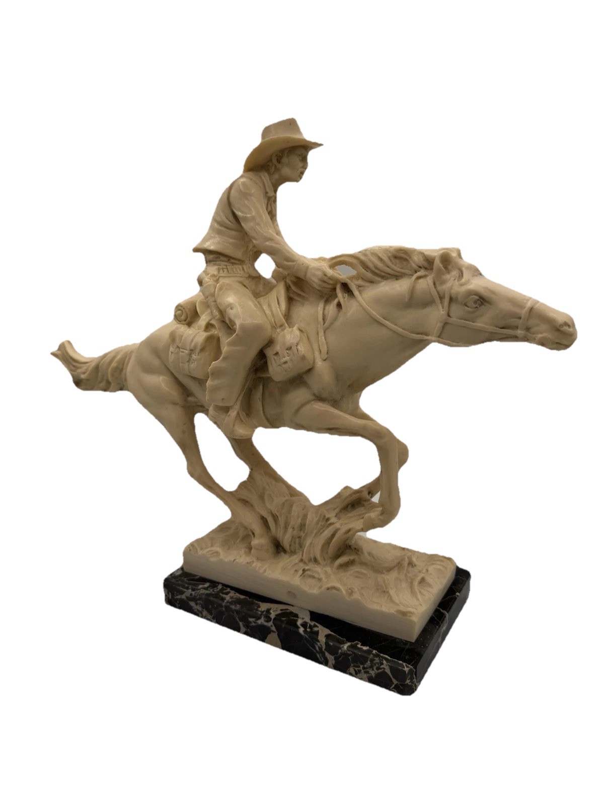 Vintage A. Santini Cowboy On Horse Statuette Italy 12” Alabaster/Black Marble