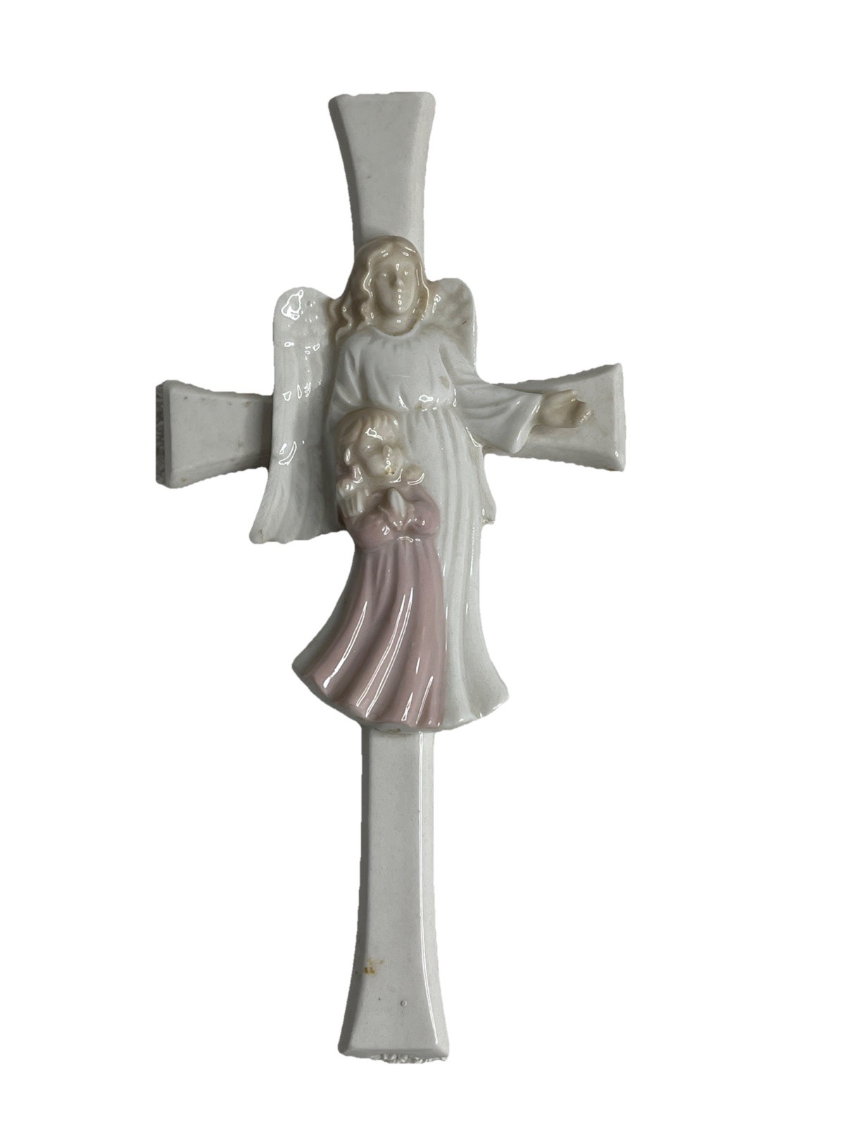 Ceramic White Angel And Pink Praying Girl Cross Wall Hanging