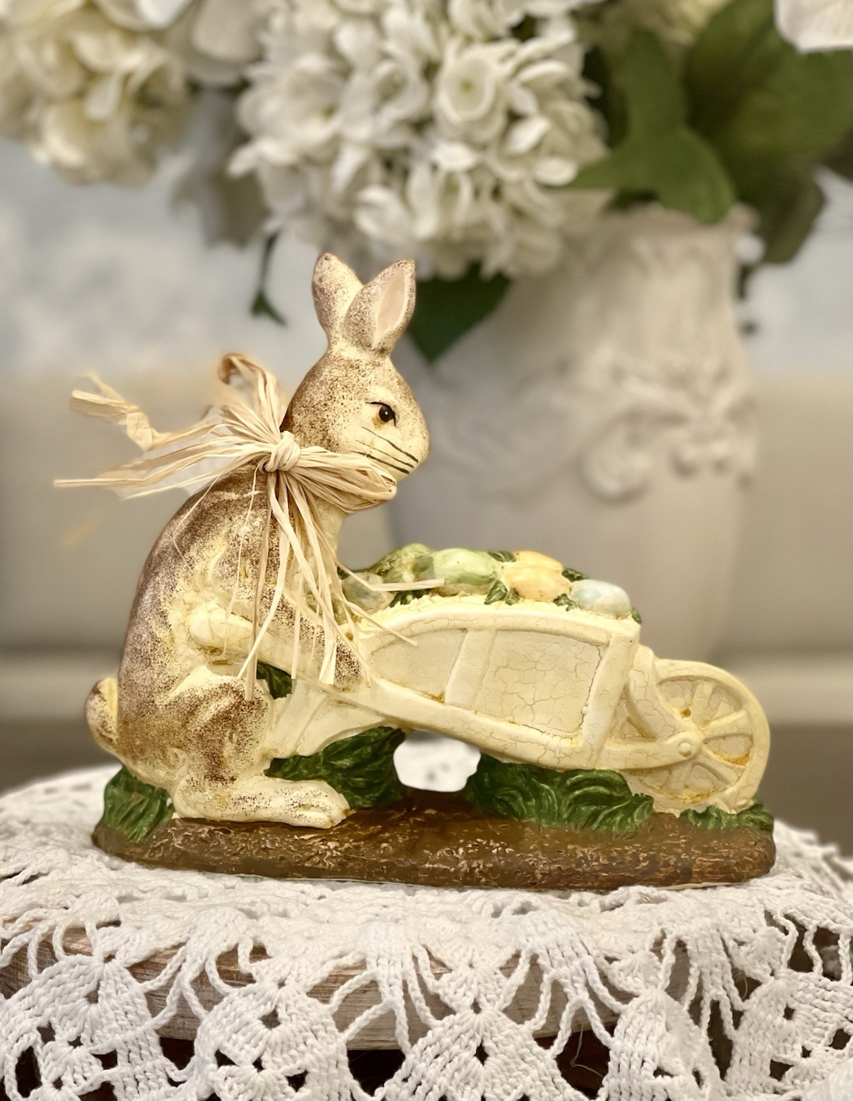 Vintage Cracker Barrel Bunny Rabbit With Wheelbarrow Egg Statue Figurine