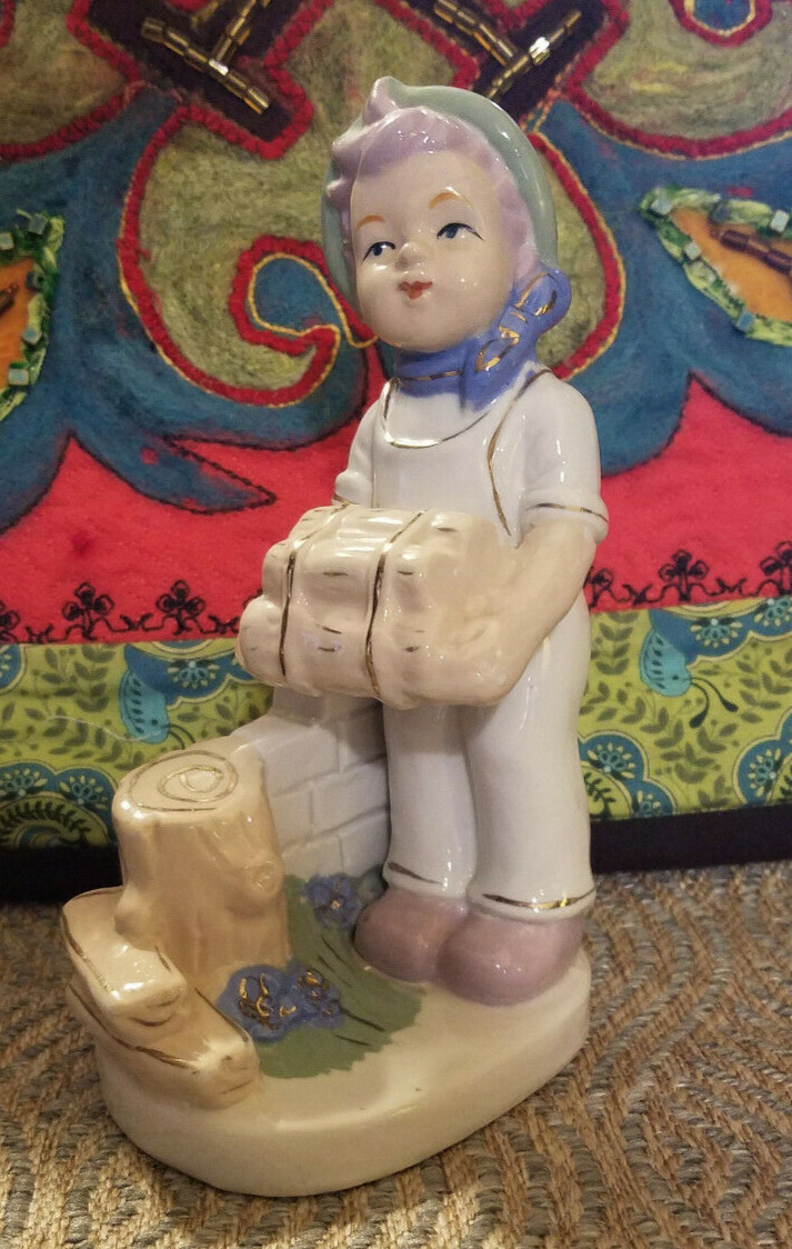 Vintage figurine, Hummel style boy with wood pile, Hand Painted with gold leaf
