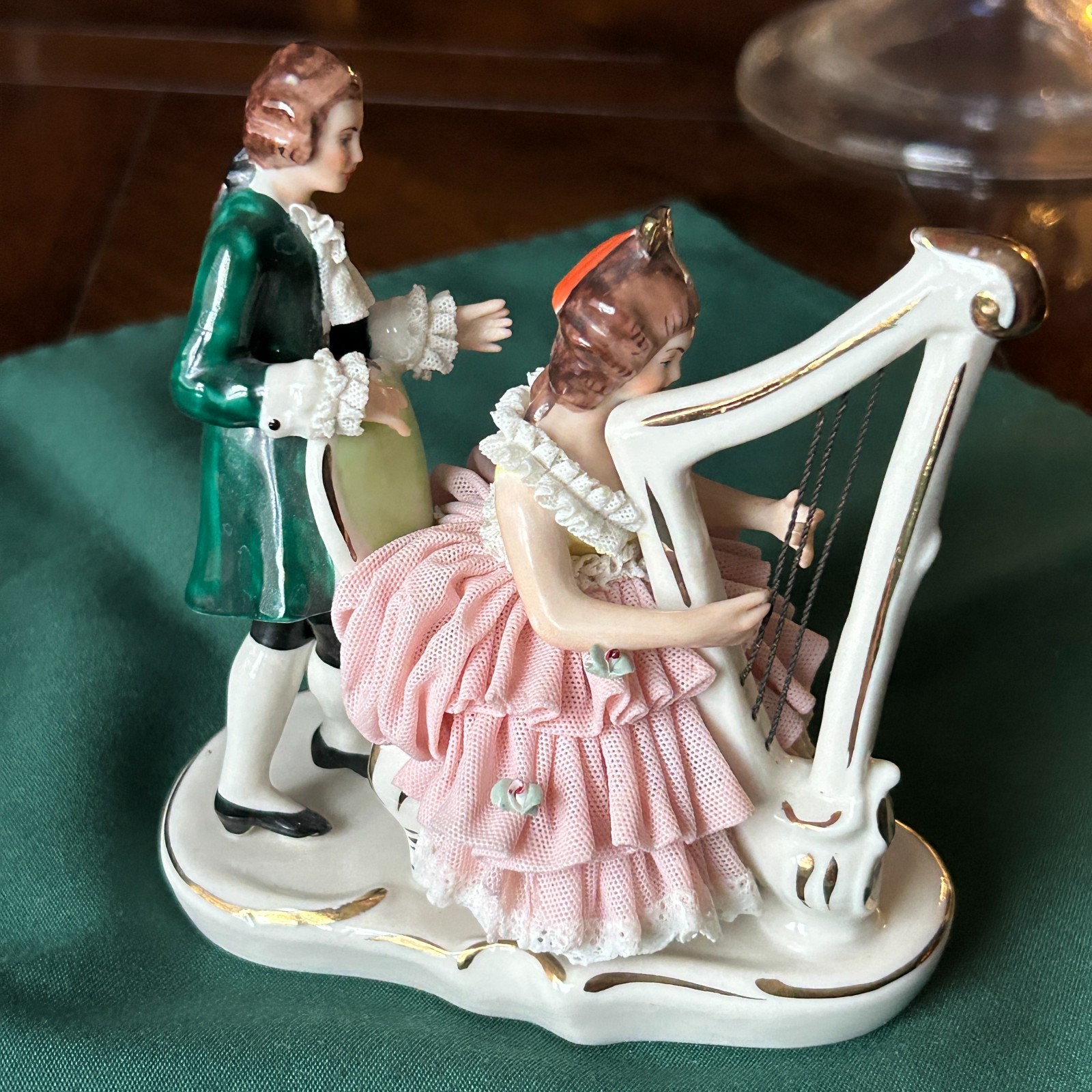 DRESDEN ART Germany, Porcelain LACY FIGURINE, Woman Playing Harp, 5″L, 5-1/2″H