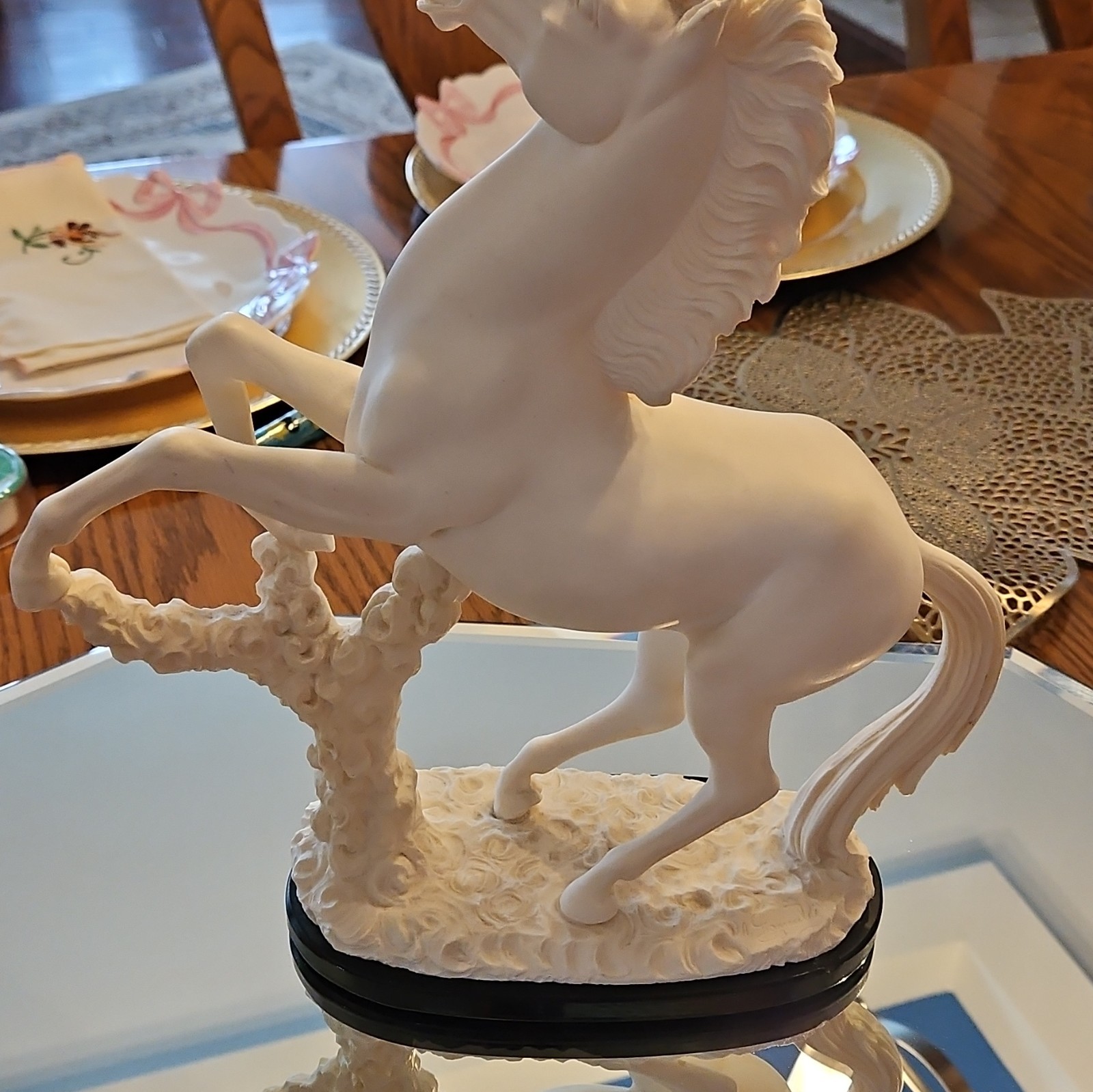 E&R Porcelain White Rearing Horse Figurine Matte 3D Effect on Black Base