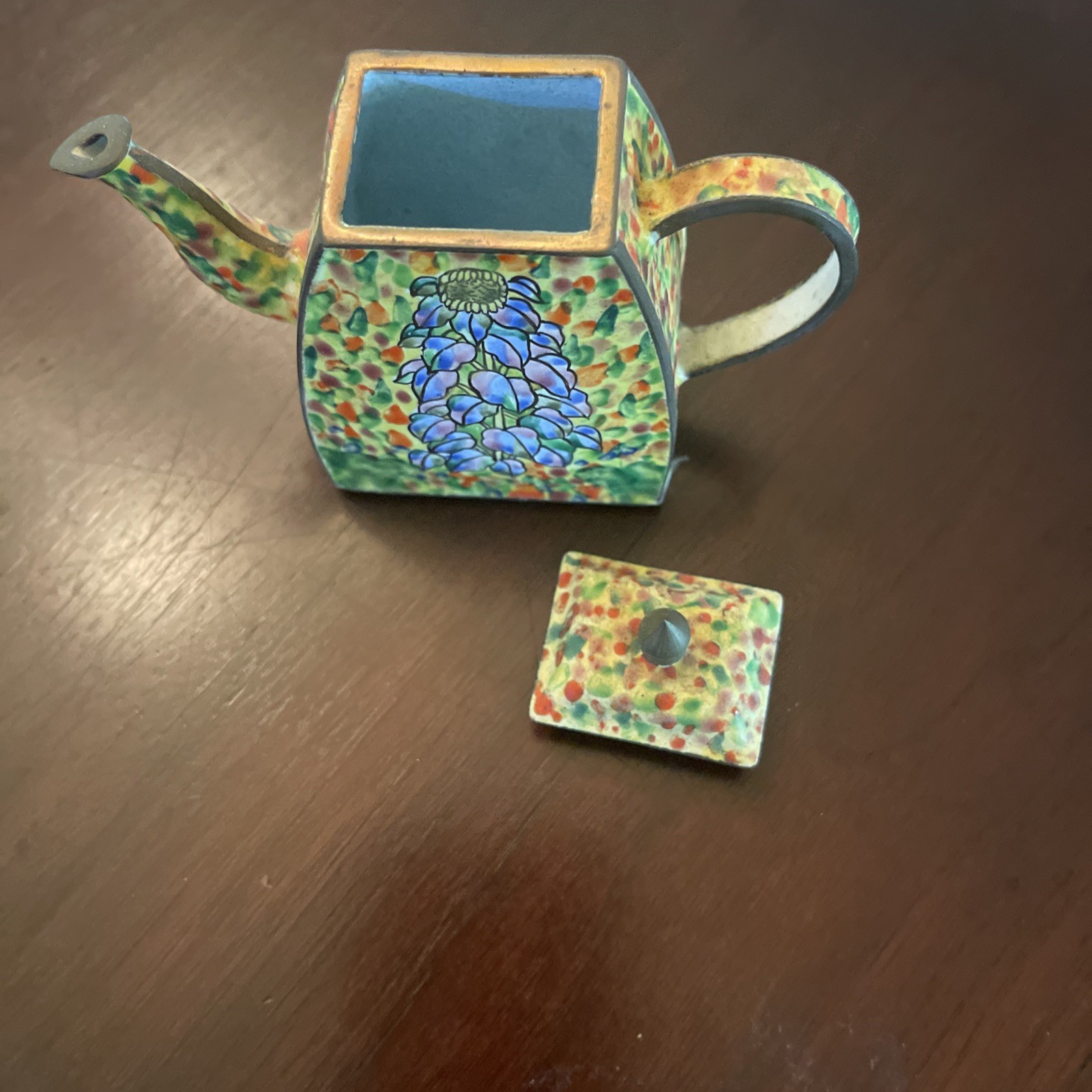 ? KELVIN CHEN Hand Painted Enamel On Copper Floral Miniature Teapot Figurine