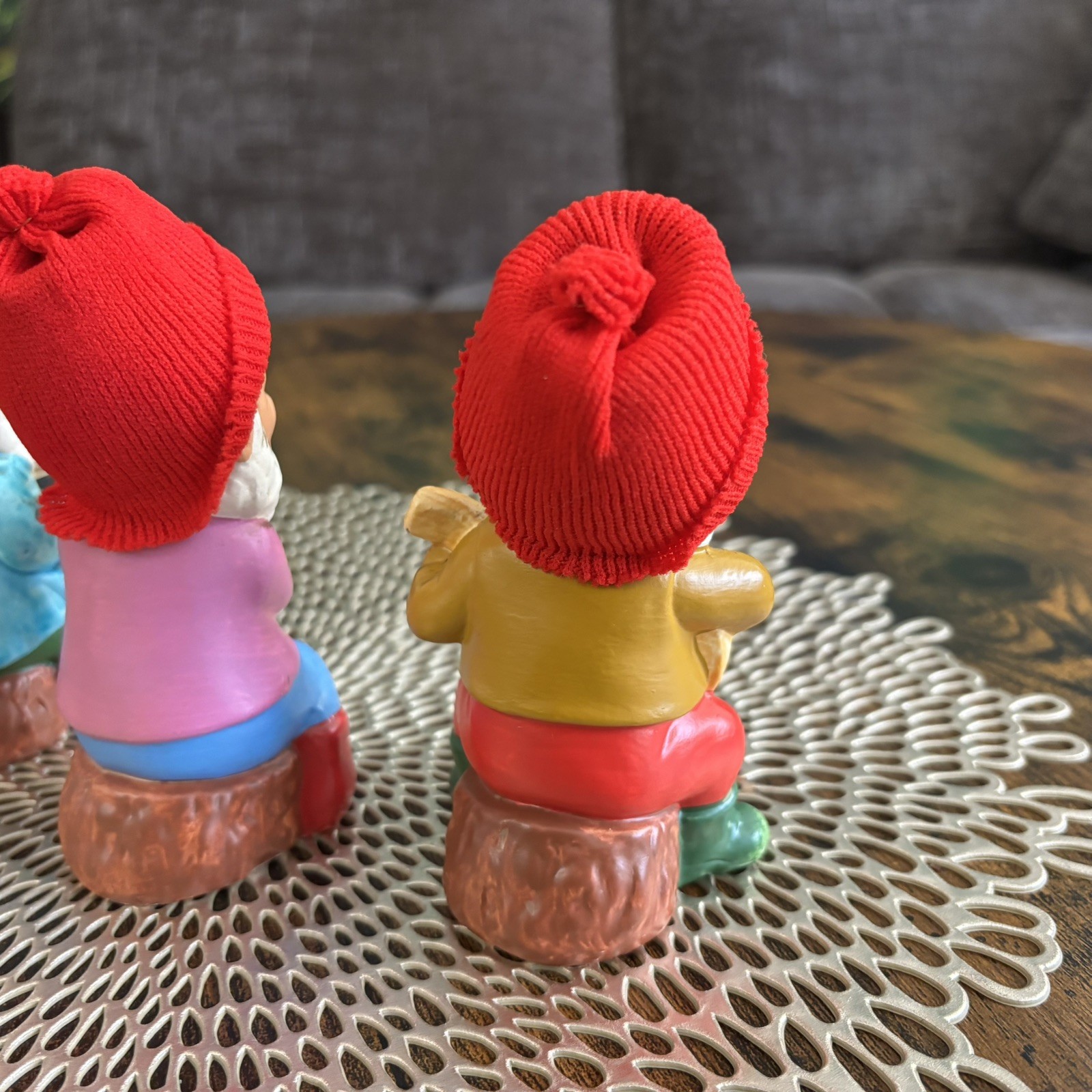 Vintage Figurines 3 Gnomes Playing Instruments Knitted Hats 5”