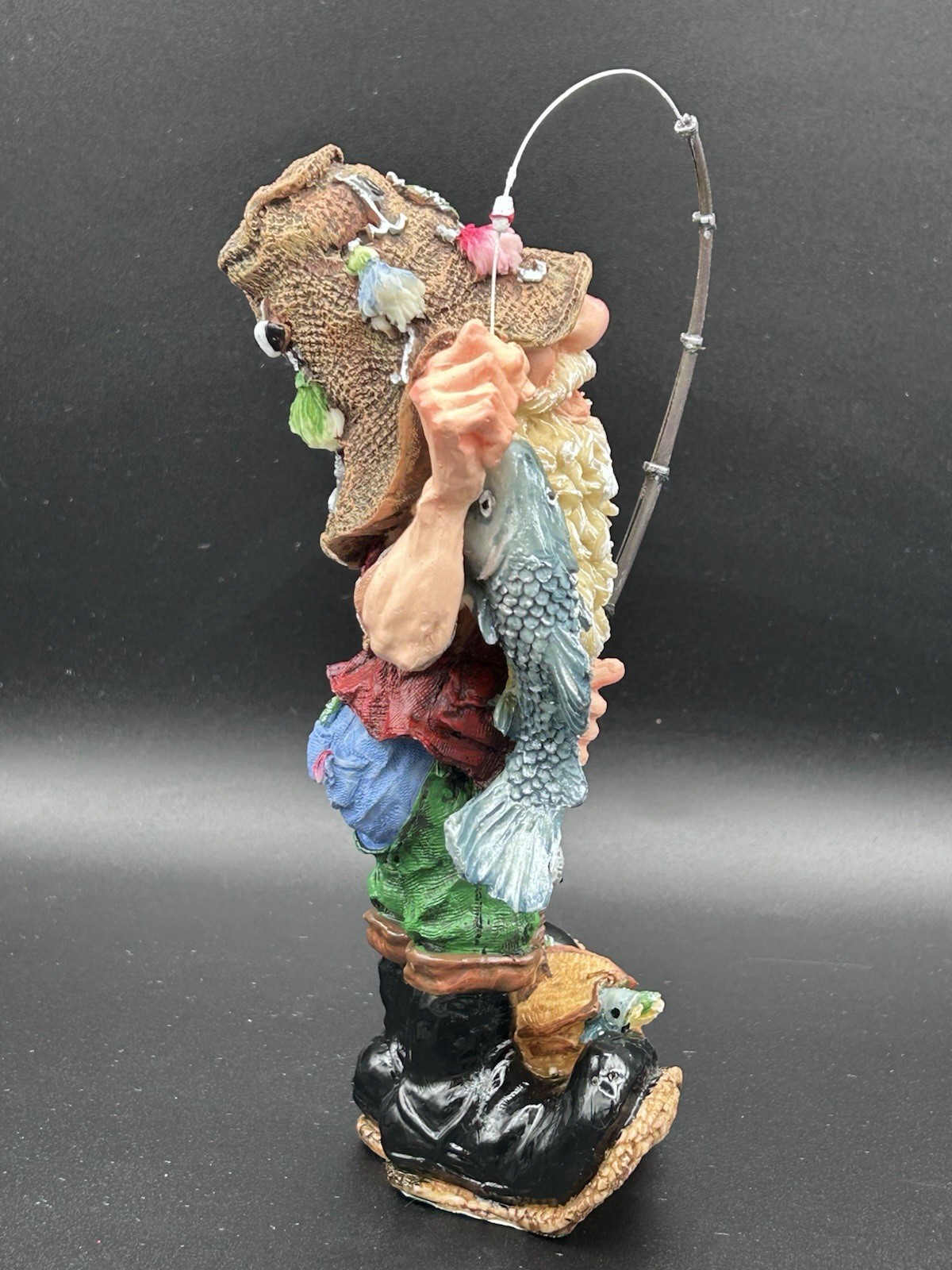 Vintage 8.5” Resin Fisherman Gnome Figurine Gone Fishing With Rod And Reel