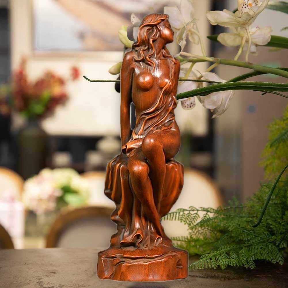 Chinese Boxwood Wood Carving Sexy Beautiful Woman Statue Wooden Sculpture Decor