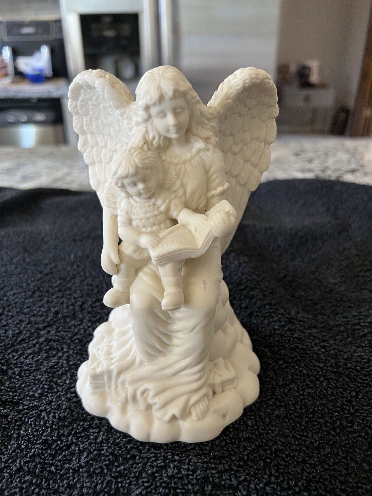 White Angel Reading to Child – Wings Candleholder Gold Rim Religious Decor