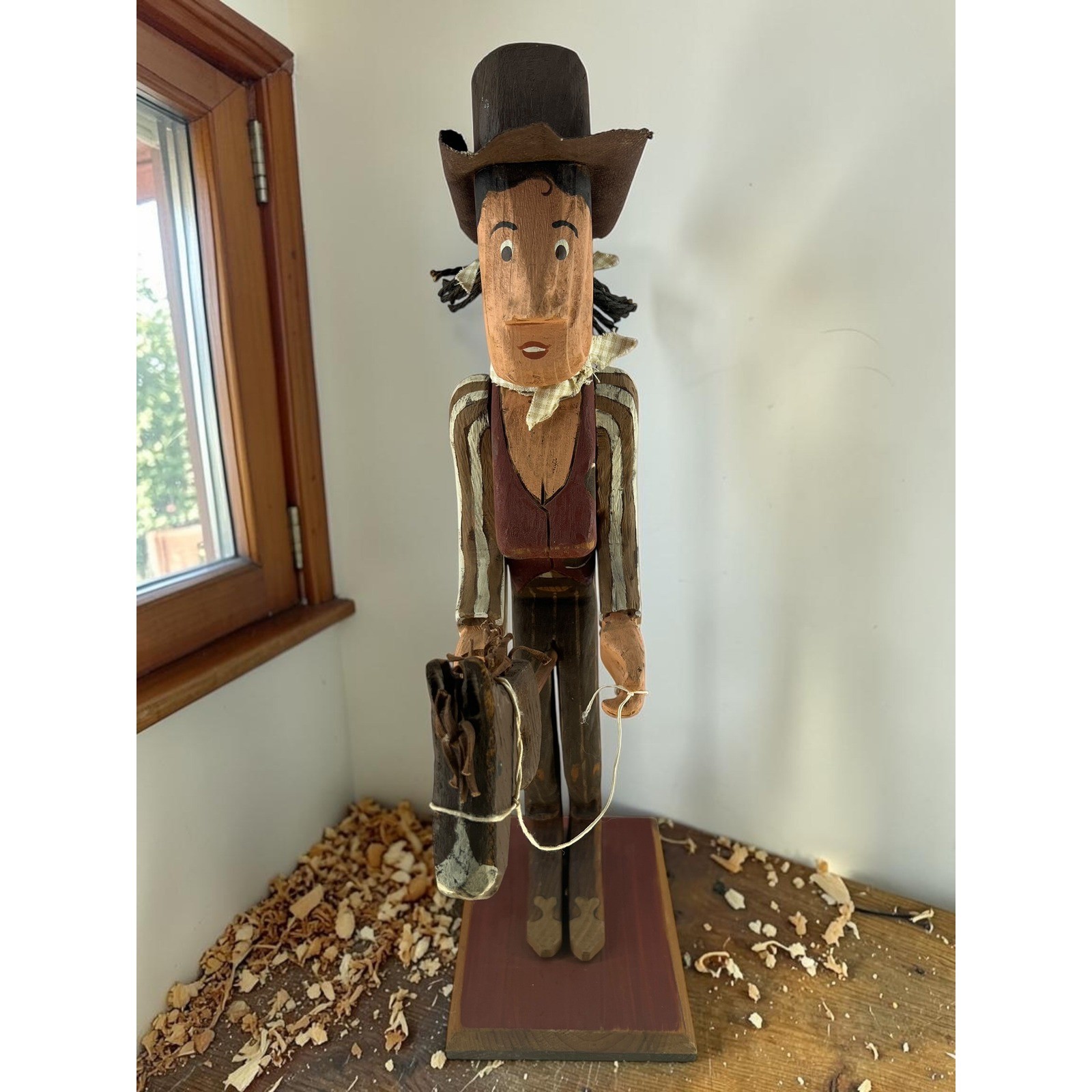 Hand Carved Cowgirl Folk Art Sculpture | One of a Kind Signed Wood Carving |