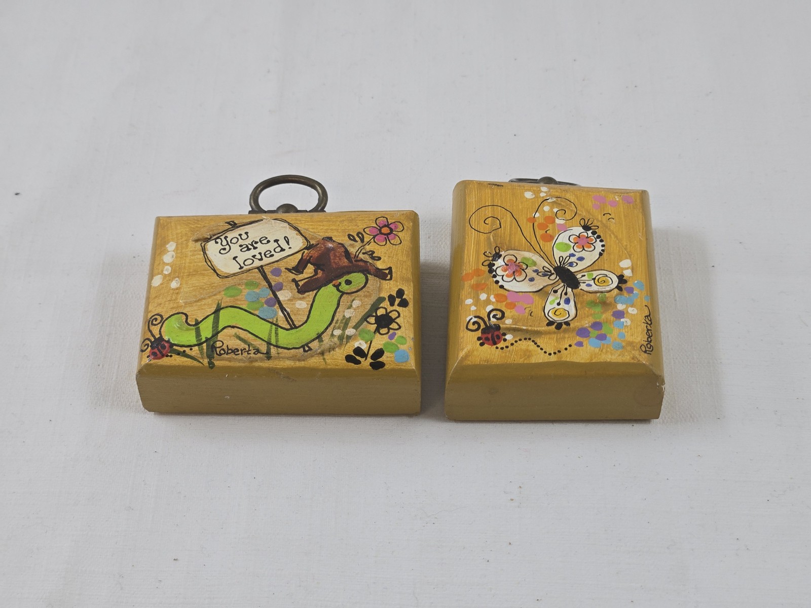 Roberta Hand Painted Wood Block Art Decor You Are Loved Caterpillar Butterfly