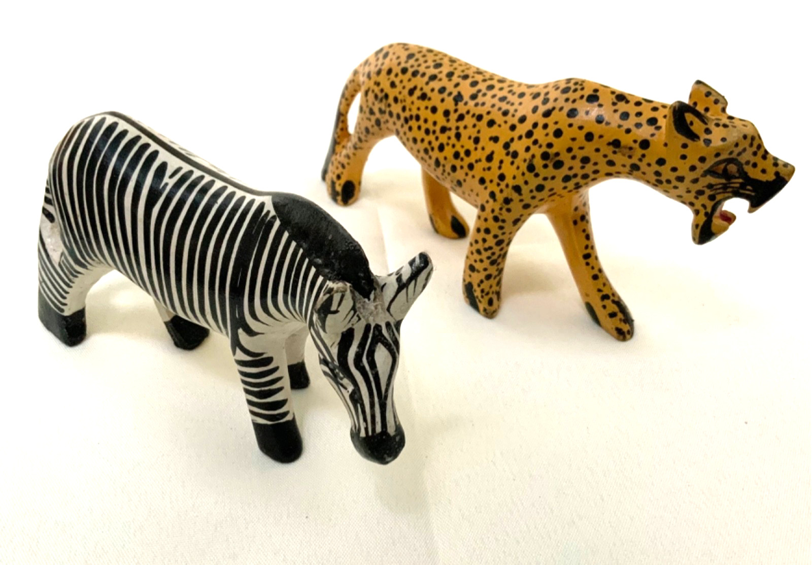 Wooden Cheetah and Zebra Figures Hand-carved and Hand-painted African Folk Art