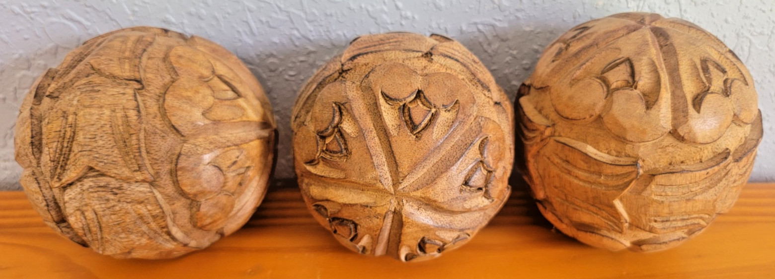 Wood Spheres Handcarved Set 3 Decorative Relief Orb Philippines Folk Art Vintage