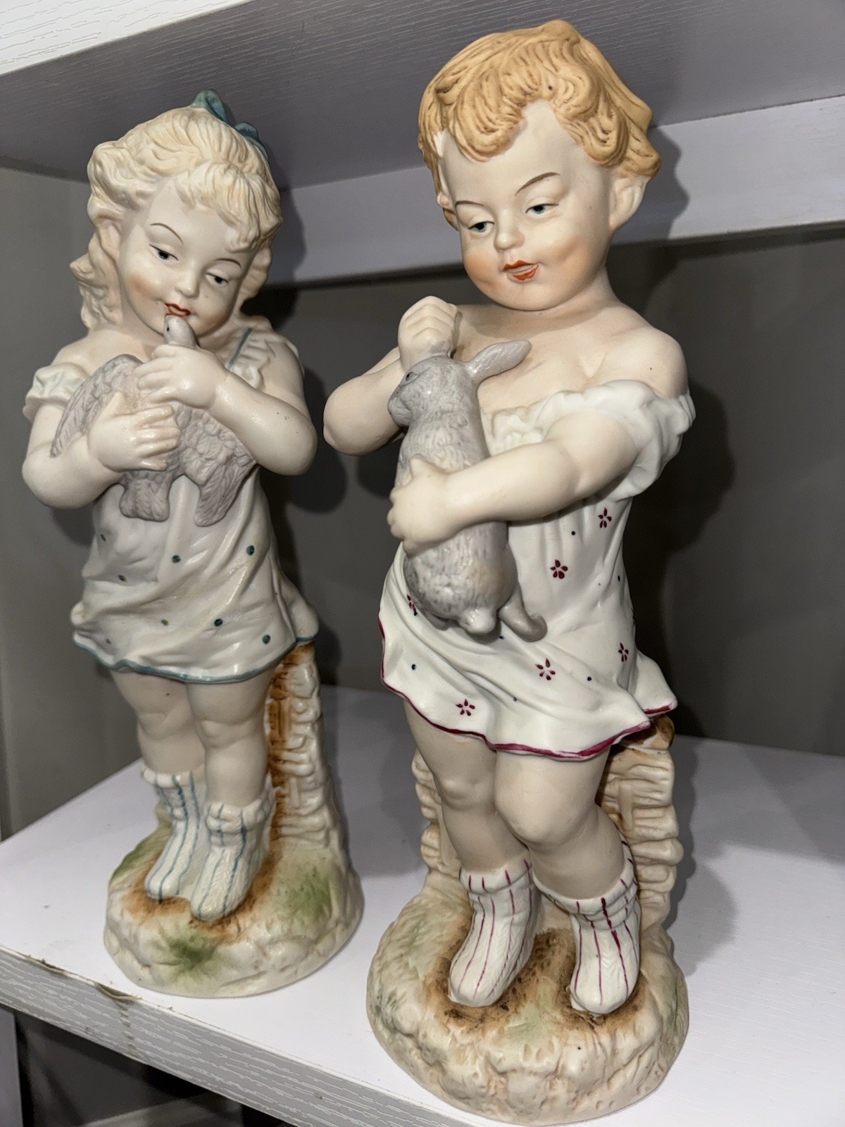 Antique German Bisque Figurines Pair Girl Rabbit Girl Dove Heubach Style 1890s