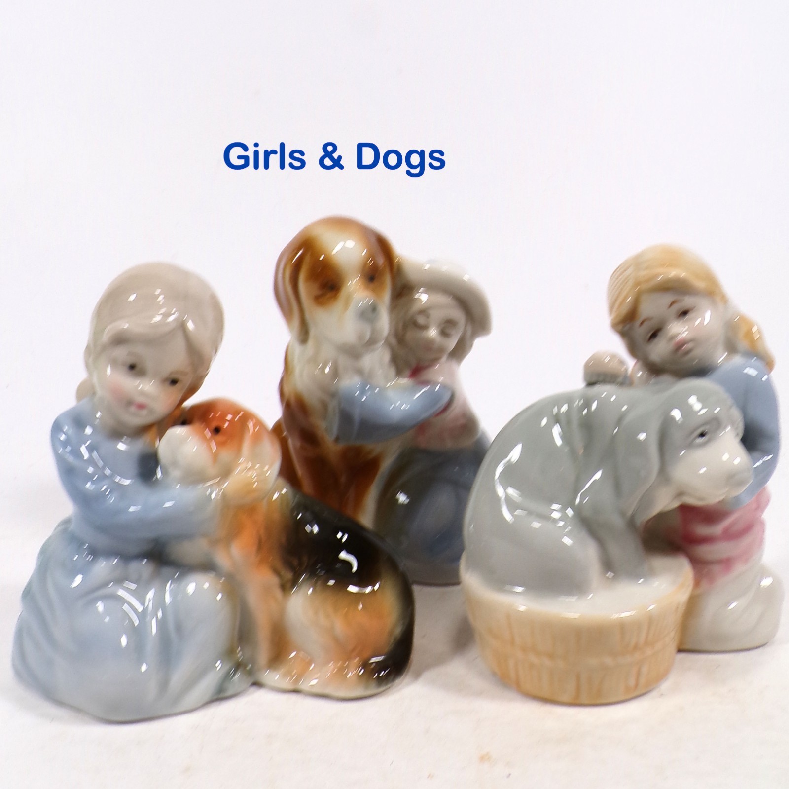 Girl & Dog Lot of 3 Collectible Figurines 4″H Blue Beige Brown Porcelain