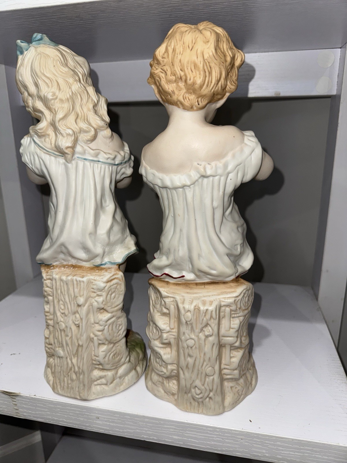 Antique German Bisque Figurines Pair Girl Rabbit Girl Dove Heubach Style 1890s