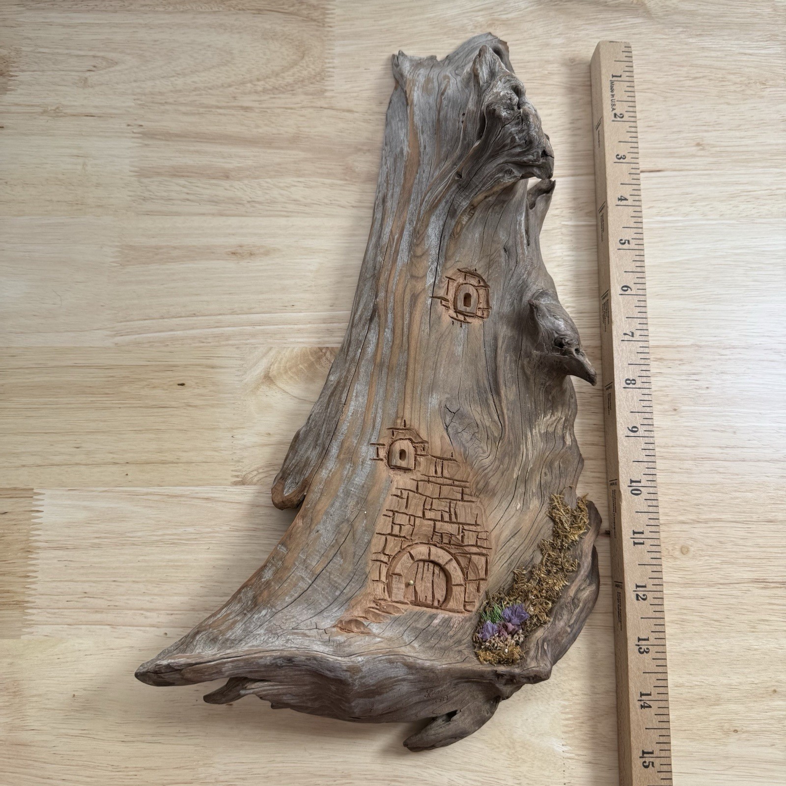 Hand Carved Driftwood Bark Fairy House Door Signed Wall Hanging VTG Leaich 1988