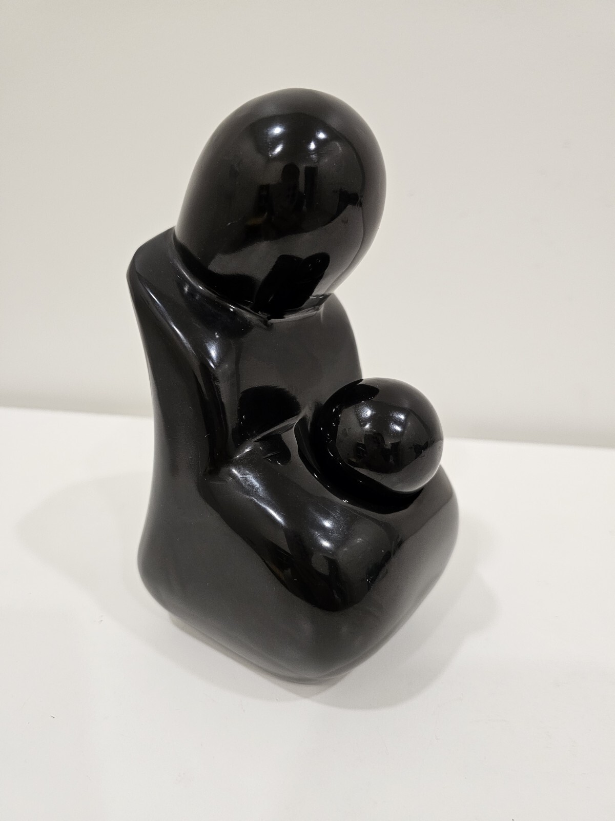 Rare Solid Polished Black Onyx Marble Mother & Child Sculpture Postmodern