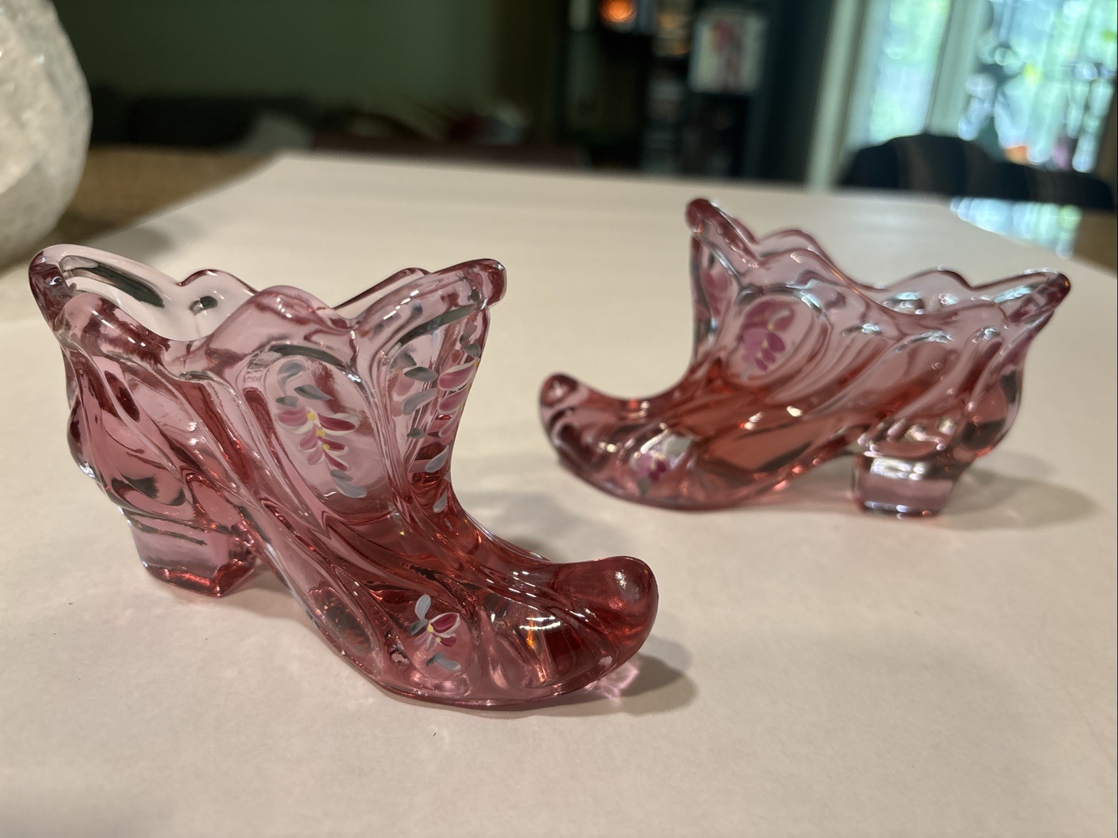 Fenton Pink Glass Handpainted And Signed Slippers
